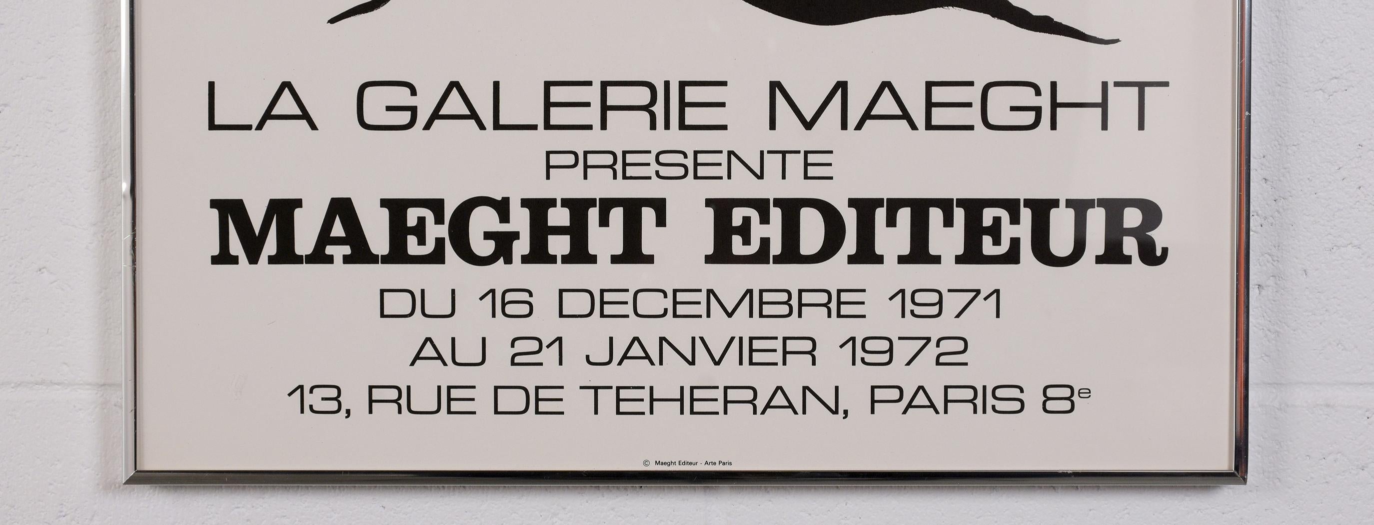 This Maeght Foundation Gallery Exhibition poster commemorating the Alexander Calder Exhibit which took place from December 16, 1971, to August 21, 1972, in Paris France is in excellent condition and beautifully framed. The poster's art designed by