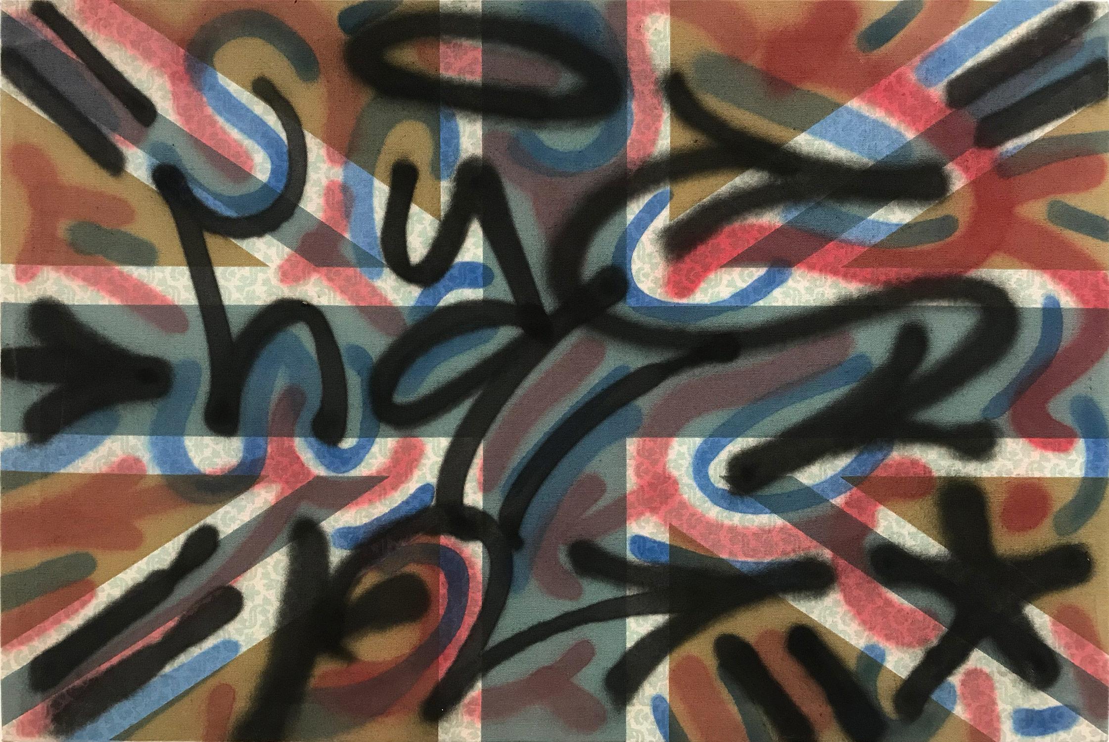 LA II (Angel Ortiz) Abstract Painting - "LA ROC in London" Decorated Graffiti Street Art on Found Union Jack Flag Canvas