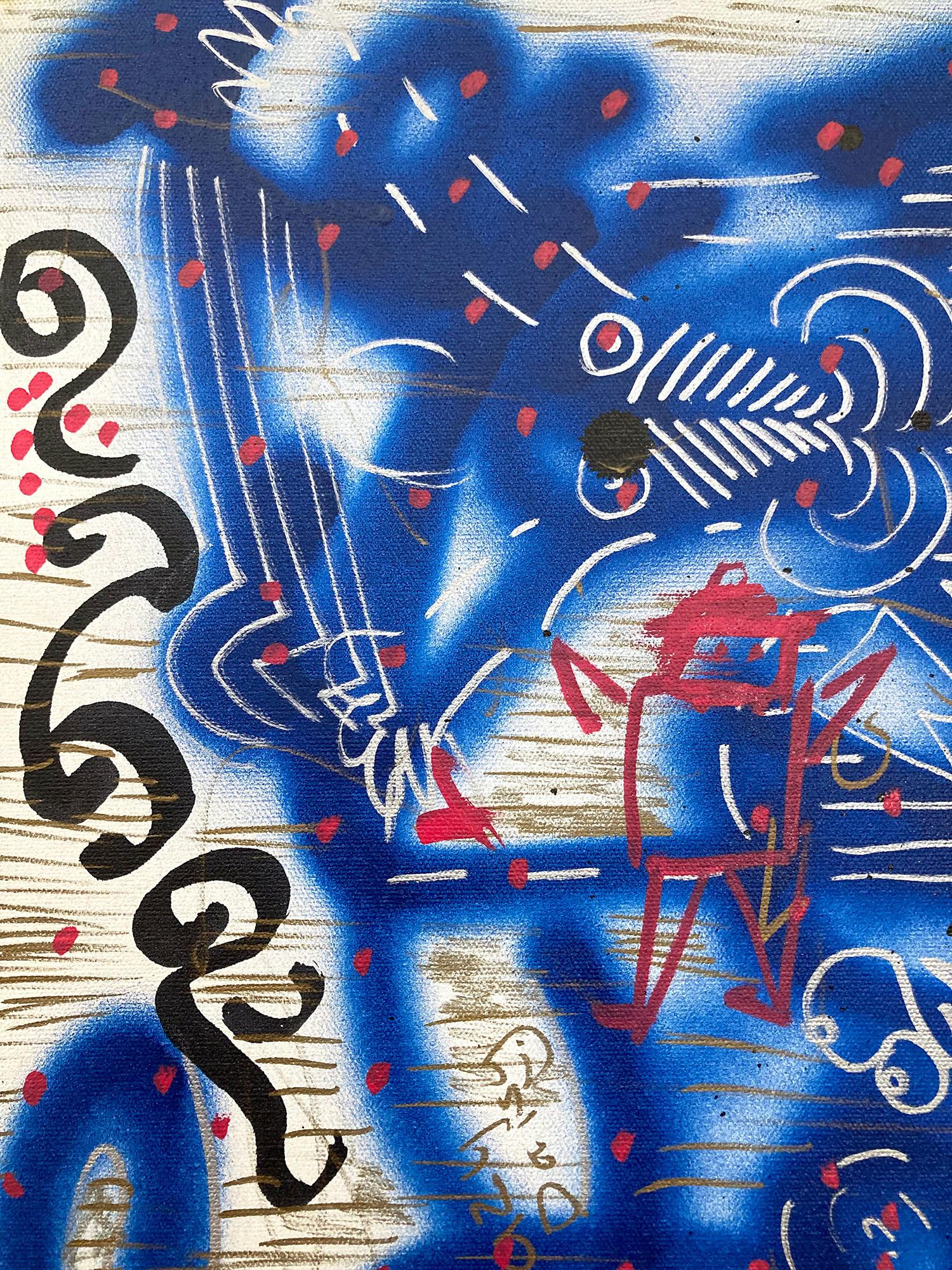 „Music Box“ Dekorierte Graffiti Street Art Acryl Sprühfarbe und Tinte auf Leinwand (Pop-Art), Painting, von LA II (Angel Ortiz)