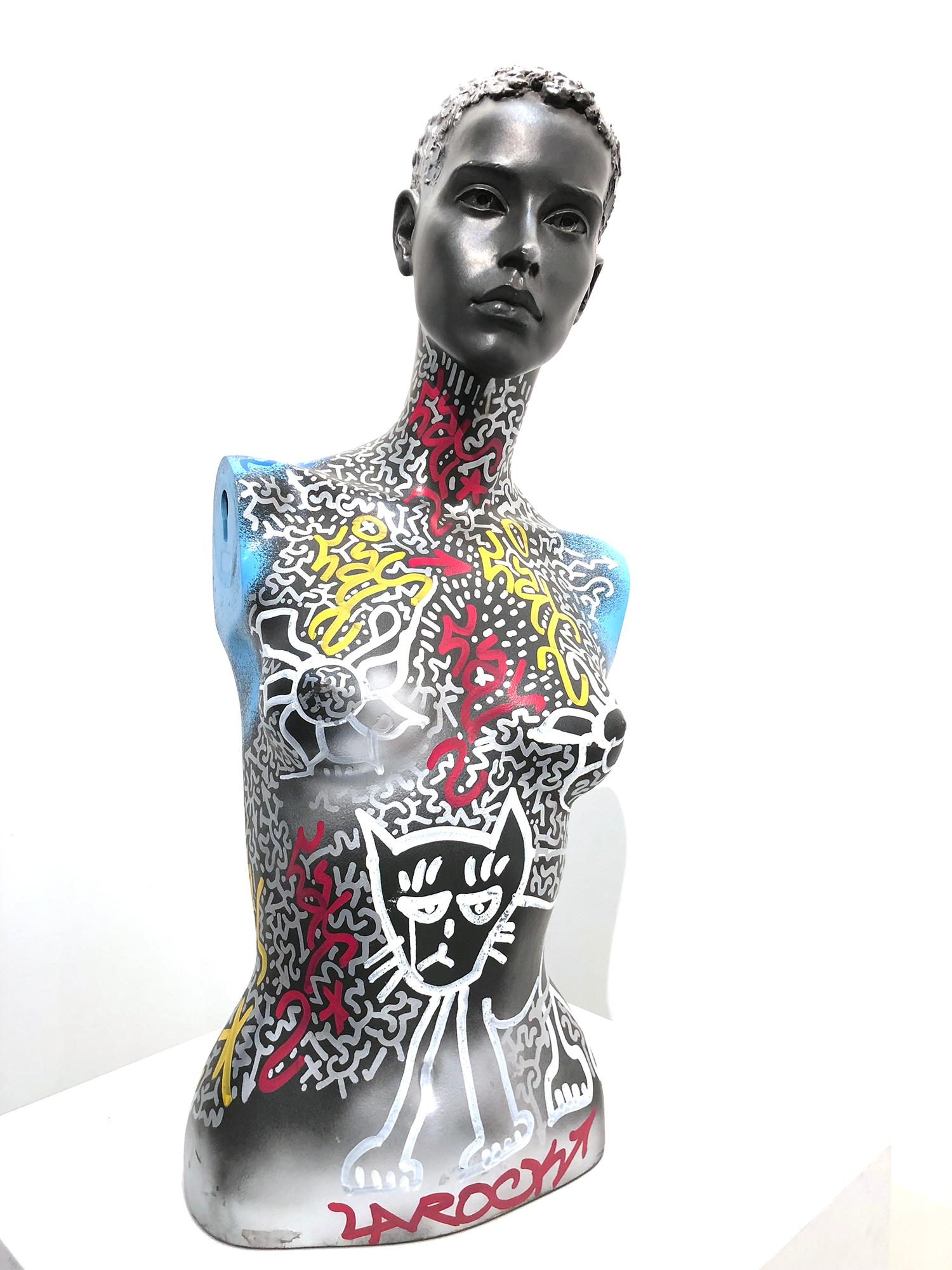 „LA ROC Katzenfrau“ Dekorierte Graffiti Street Art Mannequin-Büste-Skulptur im Angebot 3