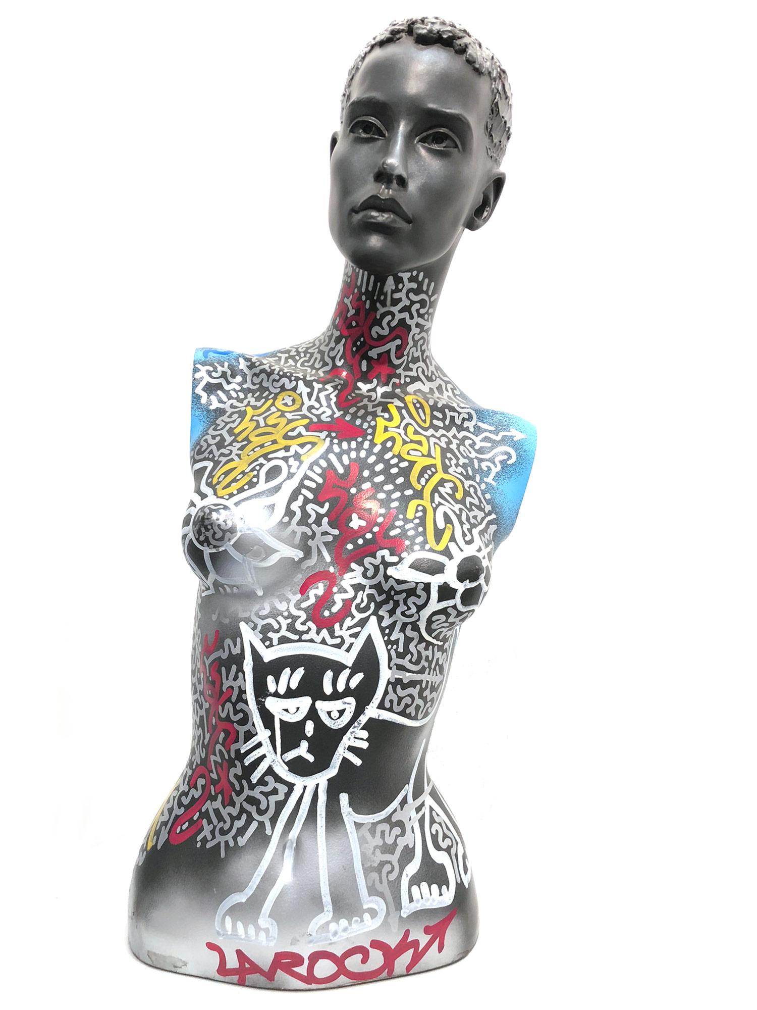 LA II (Angel Ortiz) Nude Sculpture - "LA ROC Cat Woman" Decorated Graffiti Street Art Mannequin Bust Sculpture