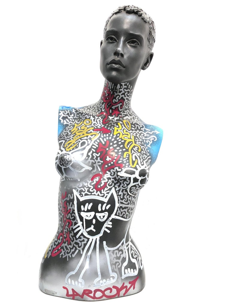 LA II (Angel Ortiz) Nude Sculpture - "LA ROC Cat Woman" Decorated Graffiti Street Art Mannequin Bust Sculpture