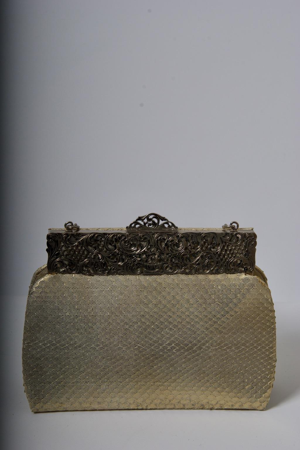 Gray La Jeunesse Gold Snakeskin/Mesh Evening Bag For Sale