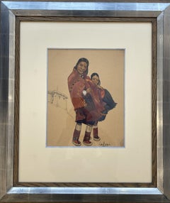 Léa LAFUGIE (1890-1972), gouache di una donna e un bambino tibetani