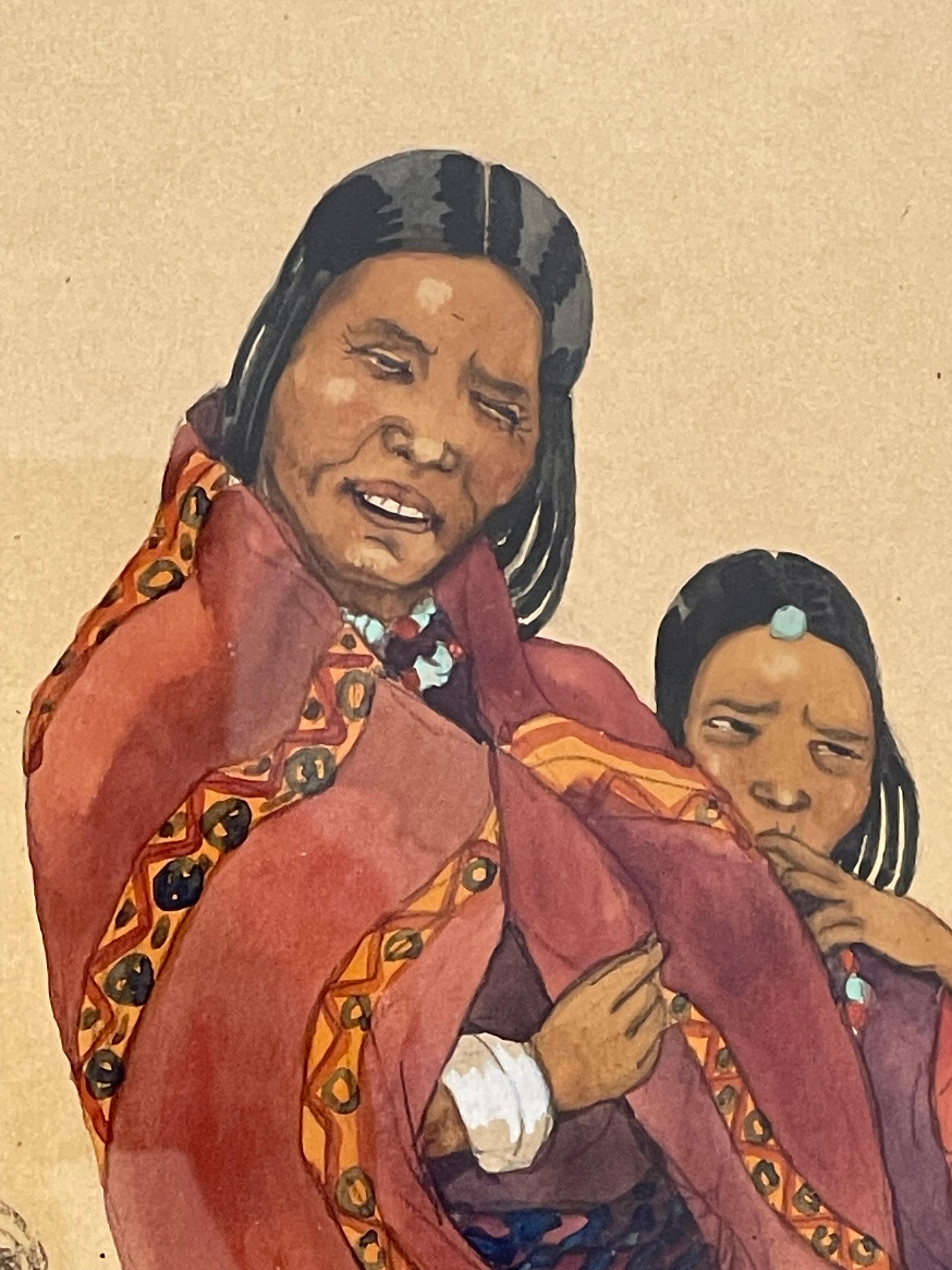 Léa LAFUGIE (1890-1972), gouache of a Tibetan woman and child - Beige Figurative Painting by Léa Lafugie