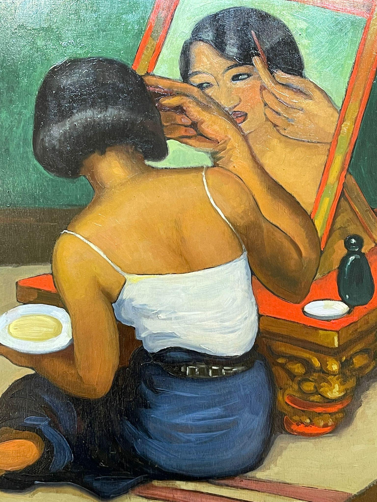 Young Siamese Woman at Her Dressing Table - Brown Portrait Painting by Léa Lafugie
