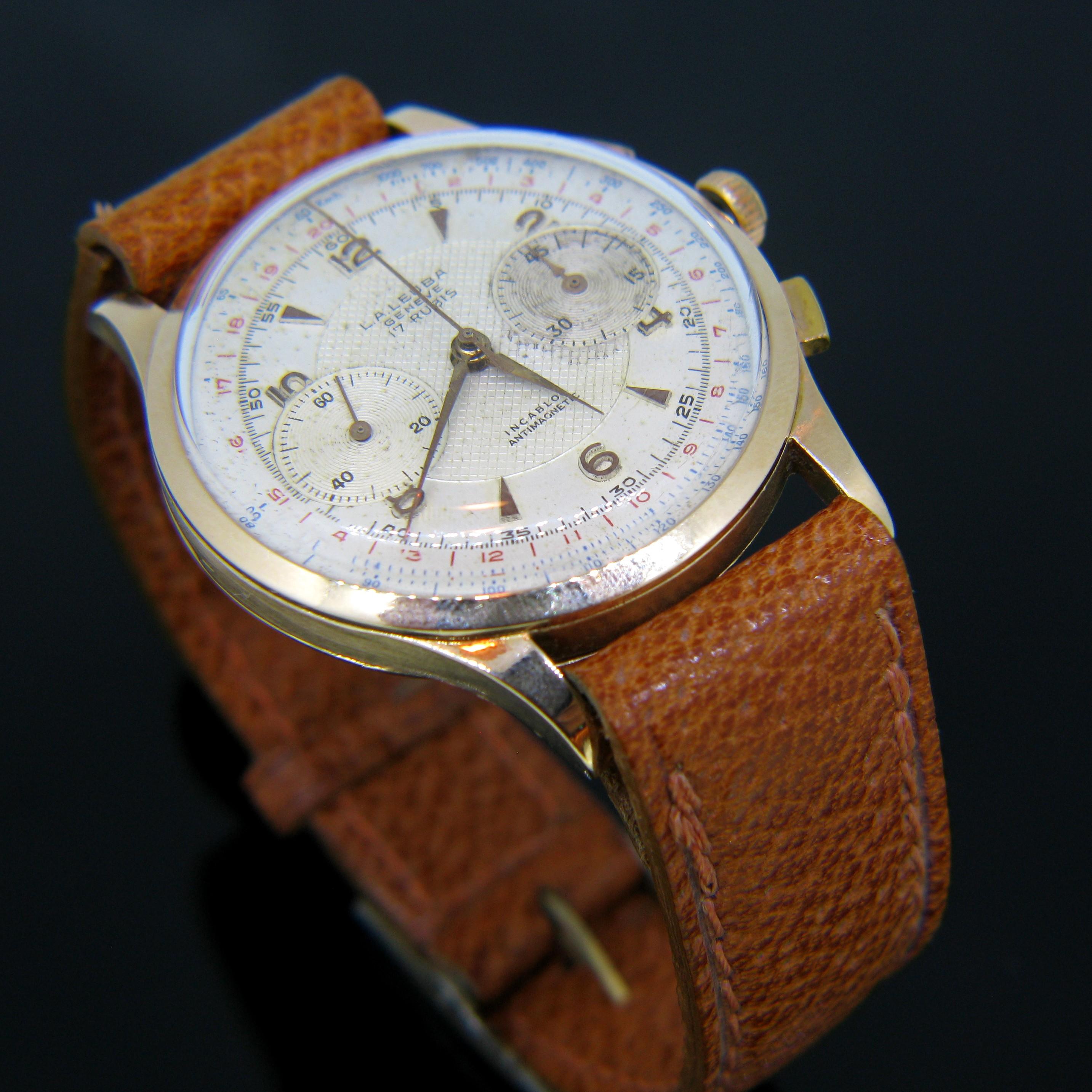 Vintage L.A. Leuba Yellow Rose Gold Chronograph Manual Wind Watch In Good Condition In London, GB