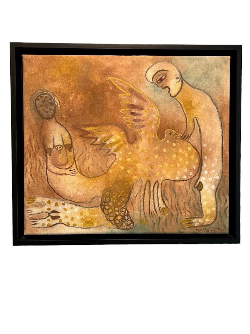 “La Luz Del Día” (Daylight) (2010) – Contemporary acrylic painted on canvas, reflecting the story of a figure feeding a bird/woman by Manuel Mendive, who is an eminent Afro-Cuban painter, sculptor, and performance artist. His colorful, evocative
