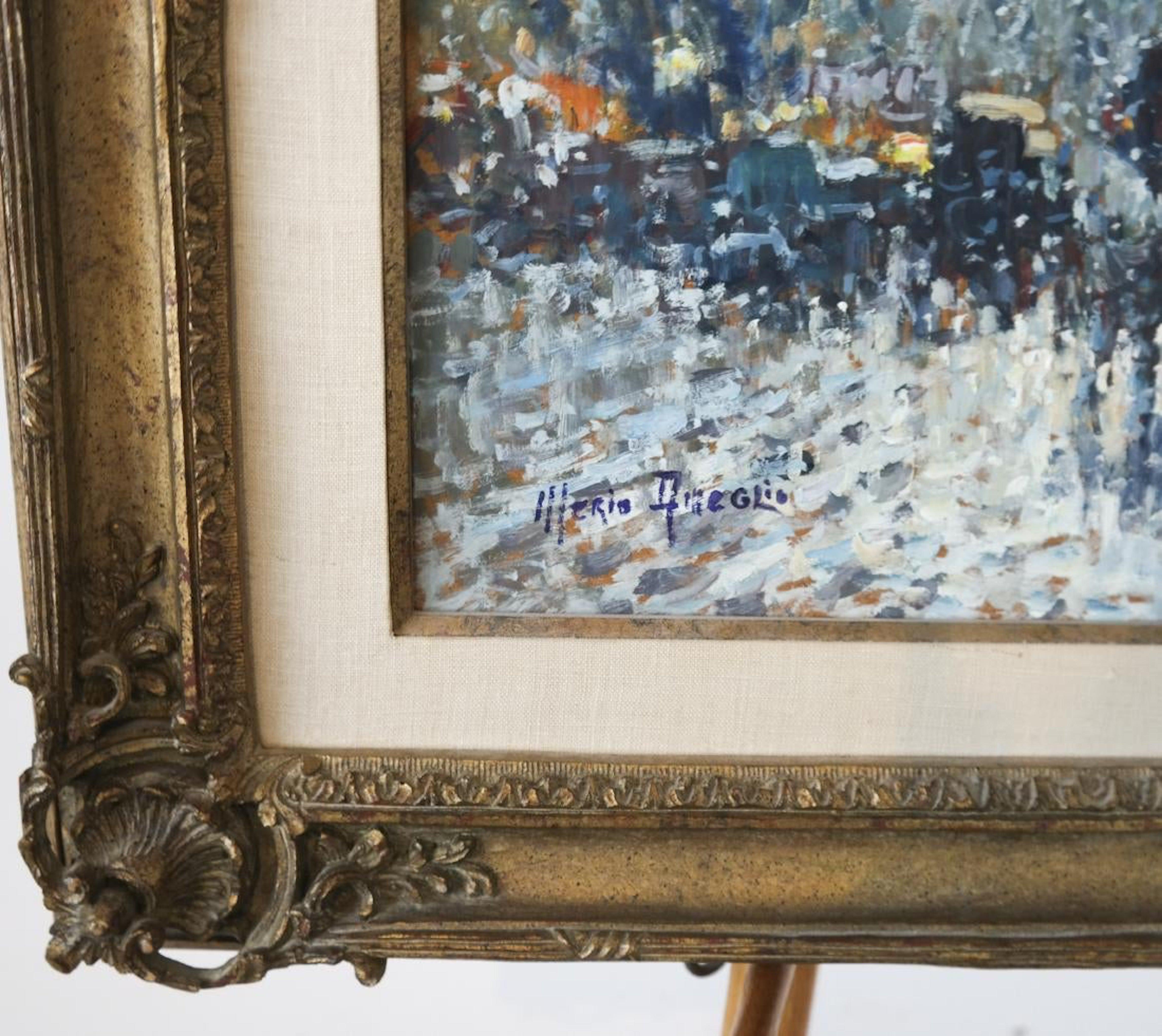 Oil on board, signed lower left. Painting measures 18 x 21 inches; Frame: 26 1/2 x 31 inches.

Merio noted impressionist painter primarily known for his landscapes and cityscapes, seascapes and harbor views from his extensive travels throughout
