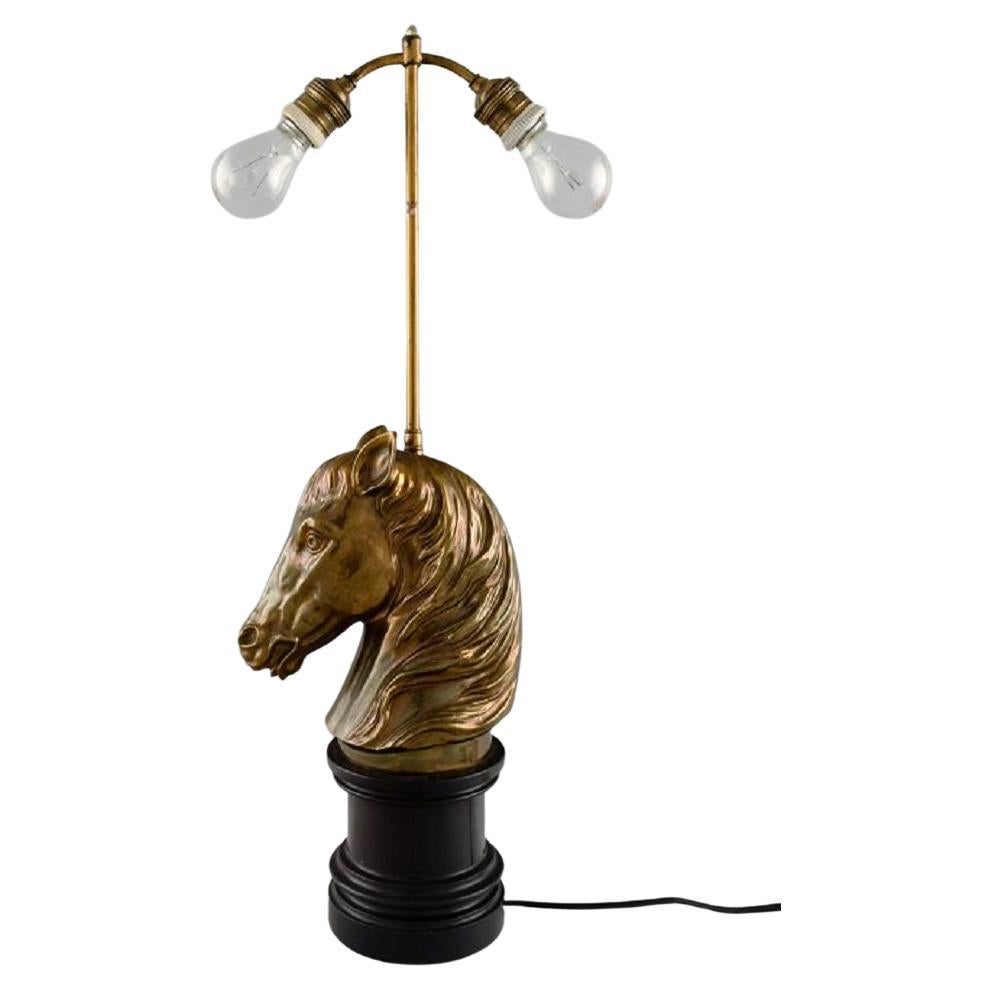 La Maison Charles, France, Large Horse Head Table Lamp in Brass, Mid-20th C For Sale