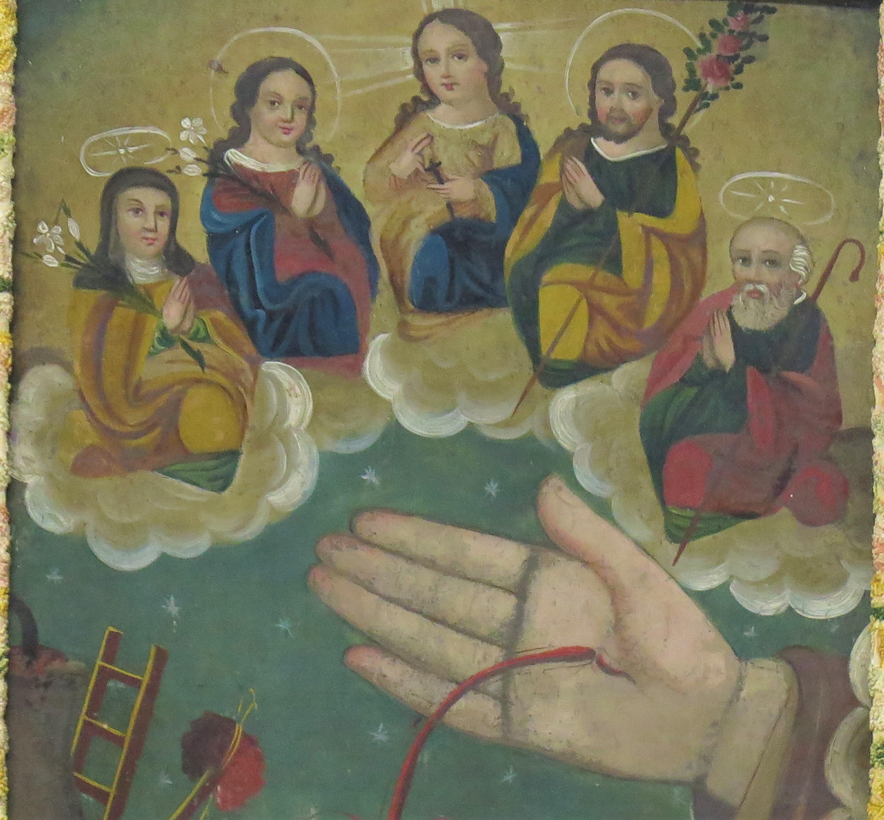 a 19th century oil on tin retablo La Mano Poderosa, or The Powerful Hand of God – sometimes referred to as Los Cinco Personas, a reference to the extended Holy Family in the upper quadrant. The five figures at the top represent Anne, Mary, Santo