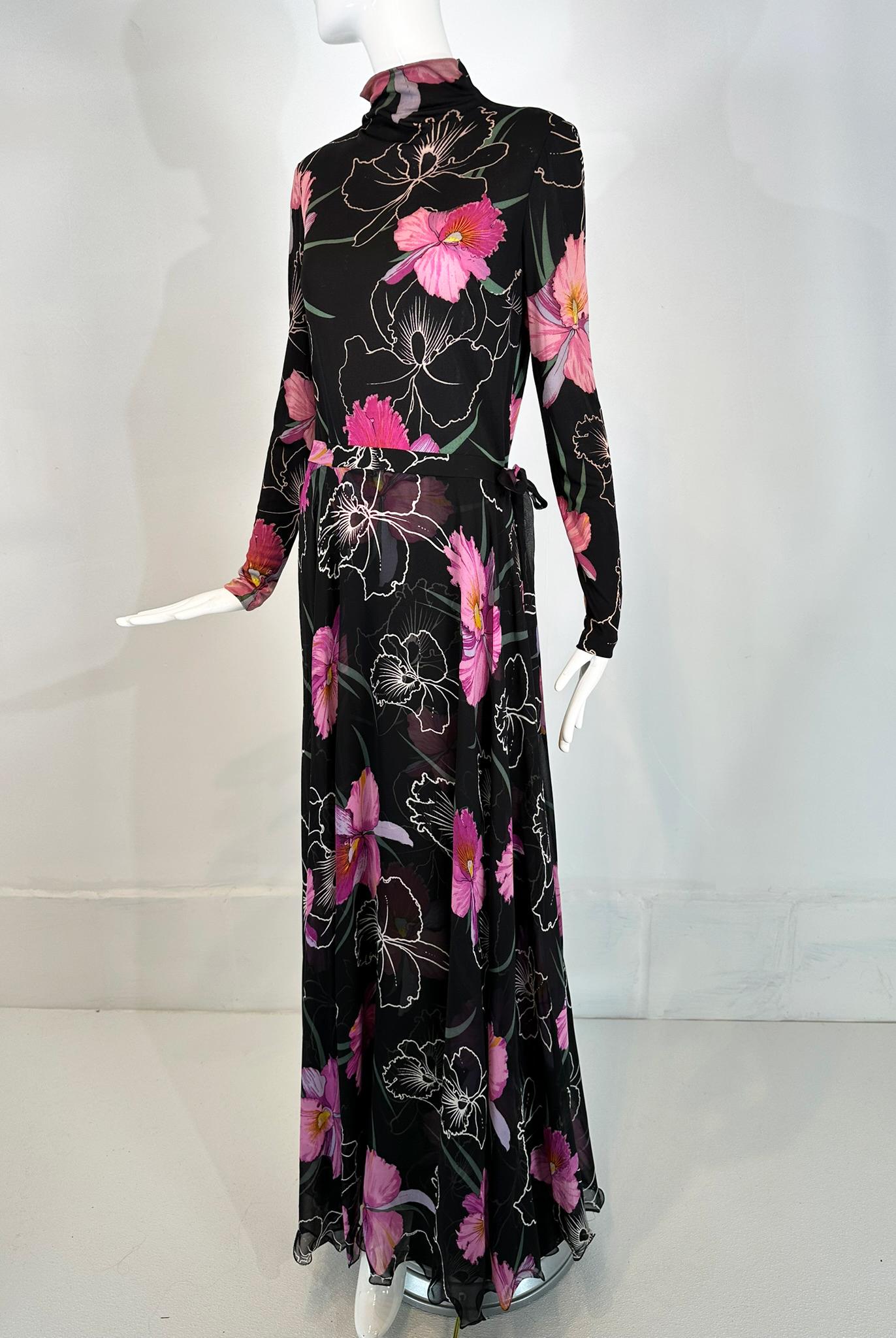 La Mendola 2pc Orchid Print Jersey Maxi Dress & Silk Chiffon Over Skirt 1960s For Sale 6