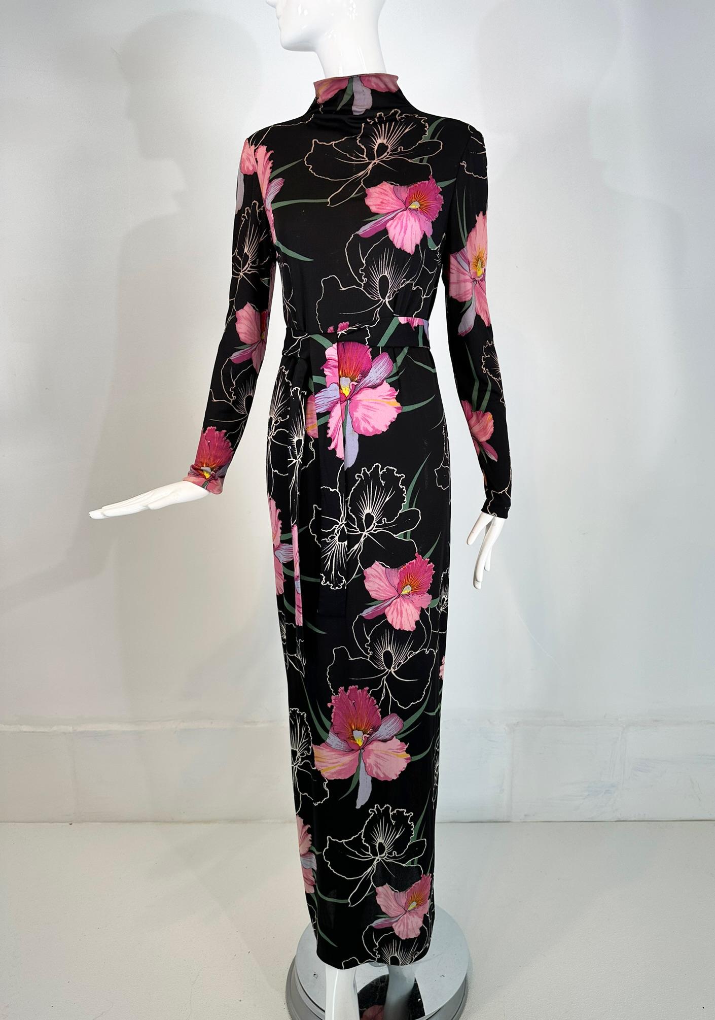 La Mendola 2pc Orchid Print Jersey Maxi Dress & Silk Chiffon Over Skirt 1960s 6
