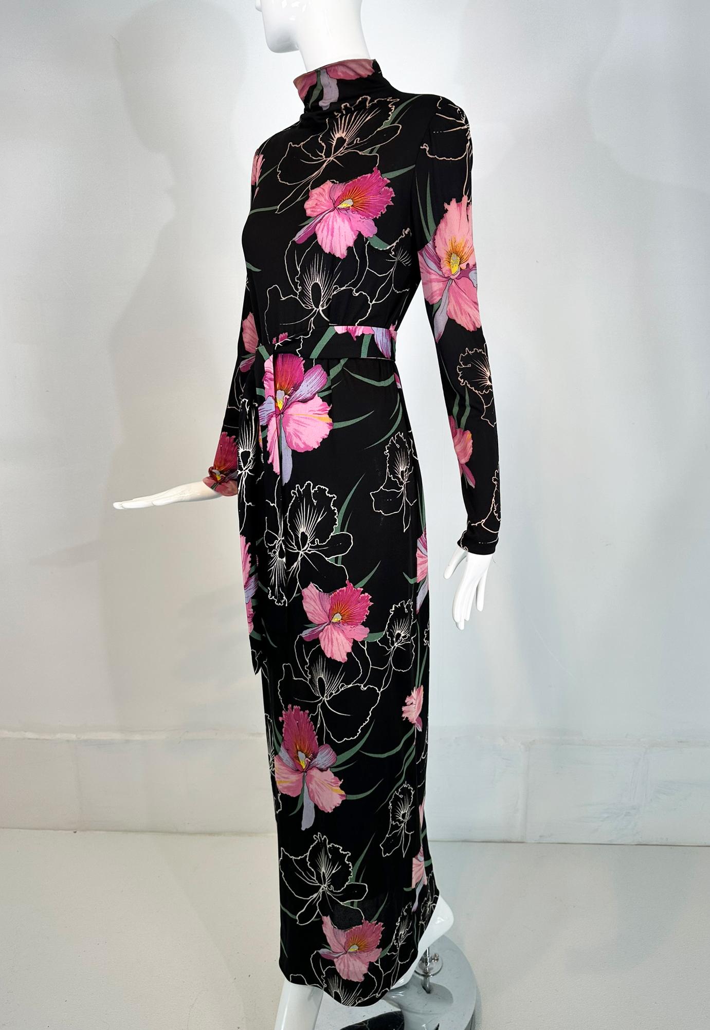La Mendola 2pc Orchid Print Jersey Maxi Dress & Silk Chiffon Over Skirt 1960s For Sale 8