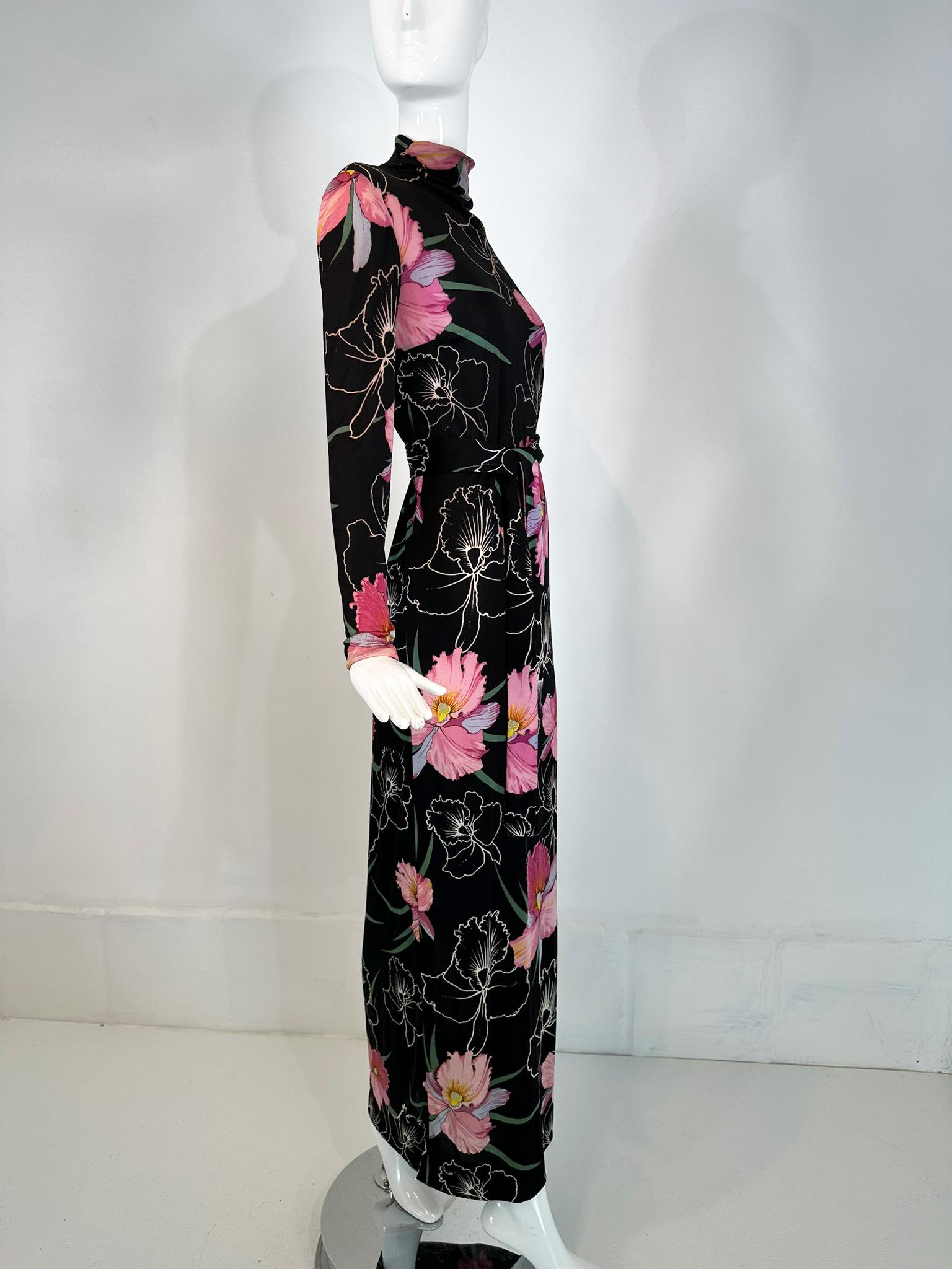 La Mendola 2pc Orchid Print Jersey Maxi Dress & Silk Chiffon Over Skirt 1960s For Sale 9