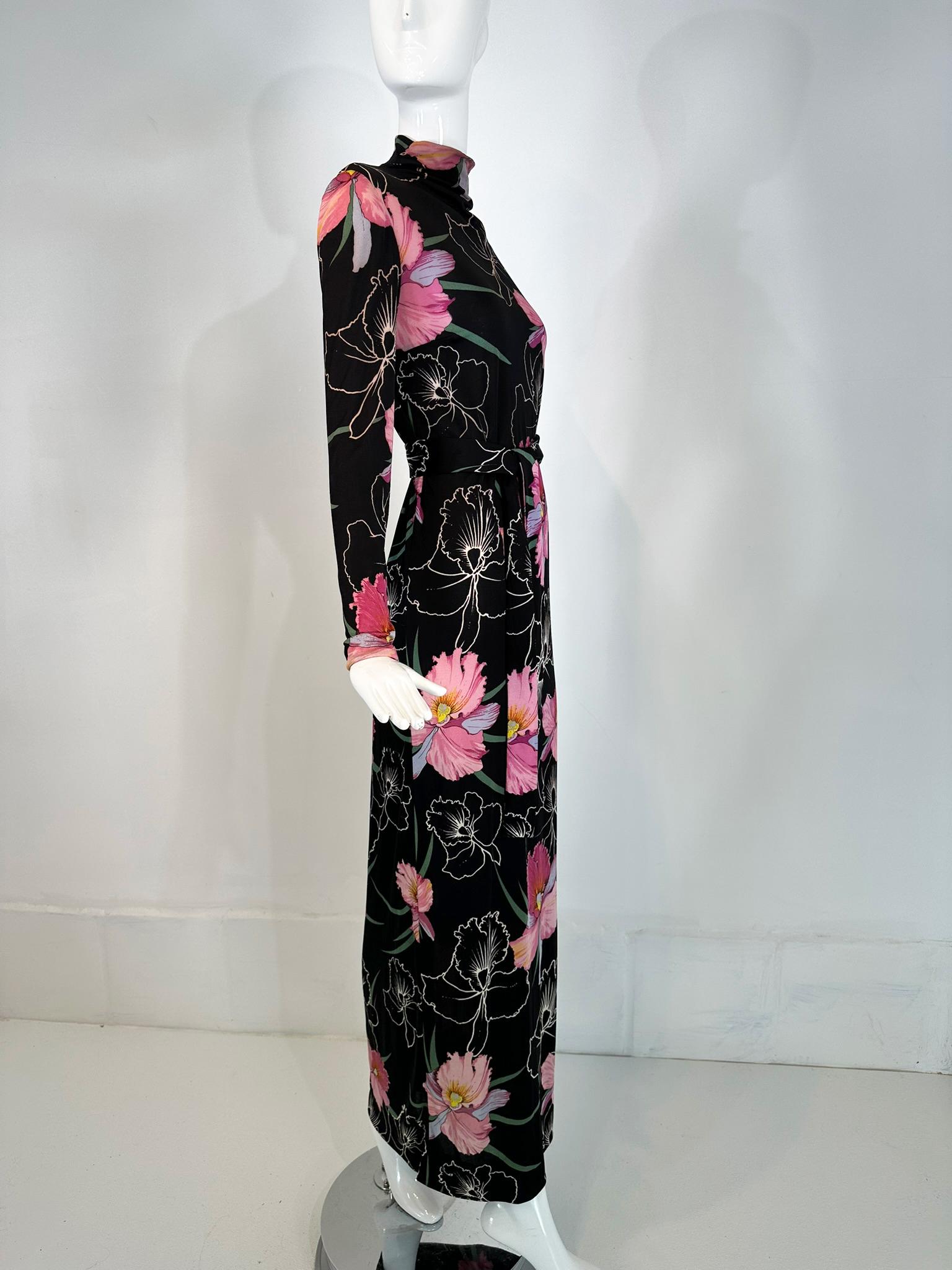 La Mendola 2pc Orchid Print Jersey Maxi Dress & Silk Chiffon Over Skirt 1960s 8