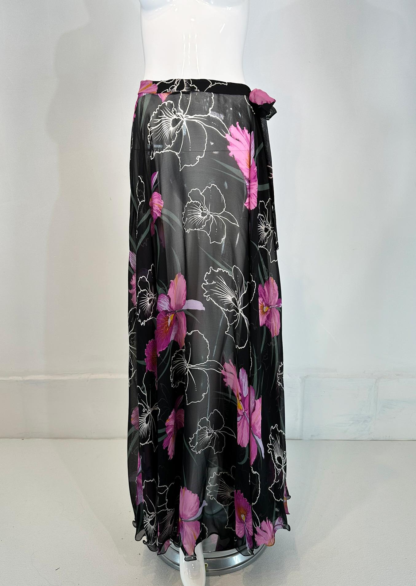 La Mendola 2pc Orchid Print Jersey Maxi Dress & Silk Chiffon Over Skirt 1960s 9