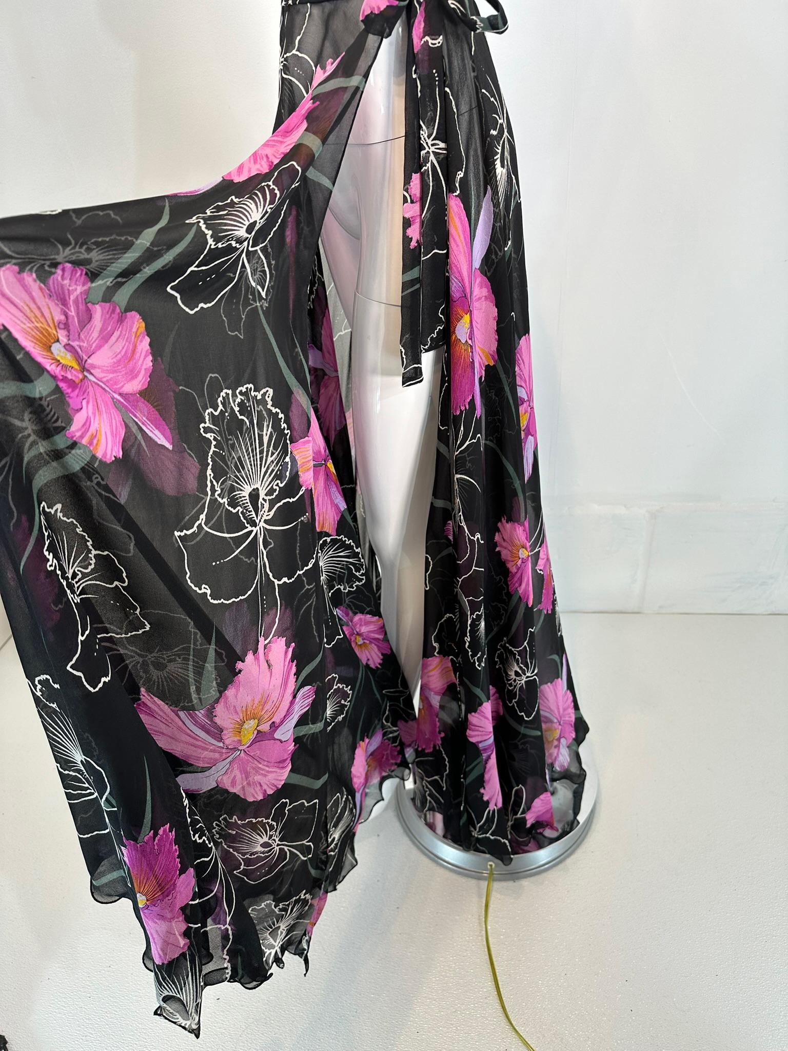 La Mendola 2pc Orchid Print Jersey Maxi Dress & Silk Chiffon Over Skirt 1960s 10