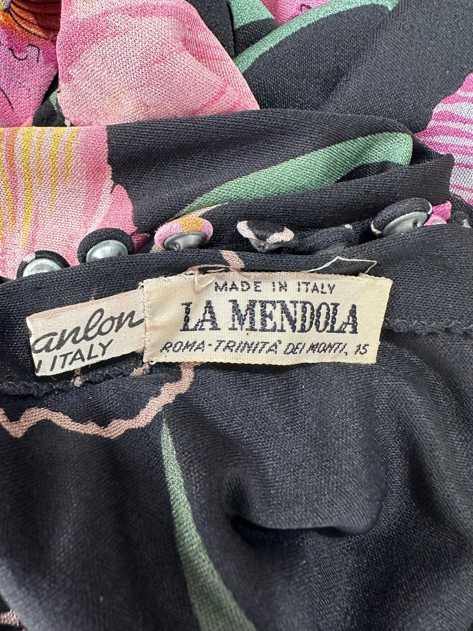 La Mendola 2pc Orchid Print Jersey Maxi Dress & Silk Chiffon Over Skirt 1960s 11