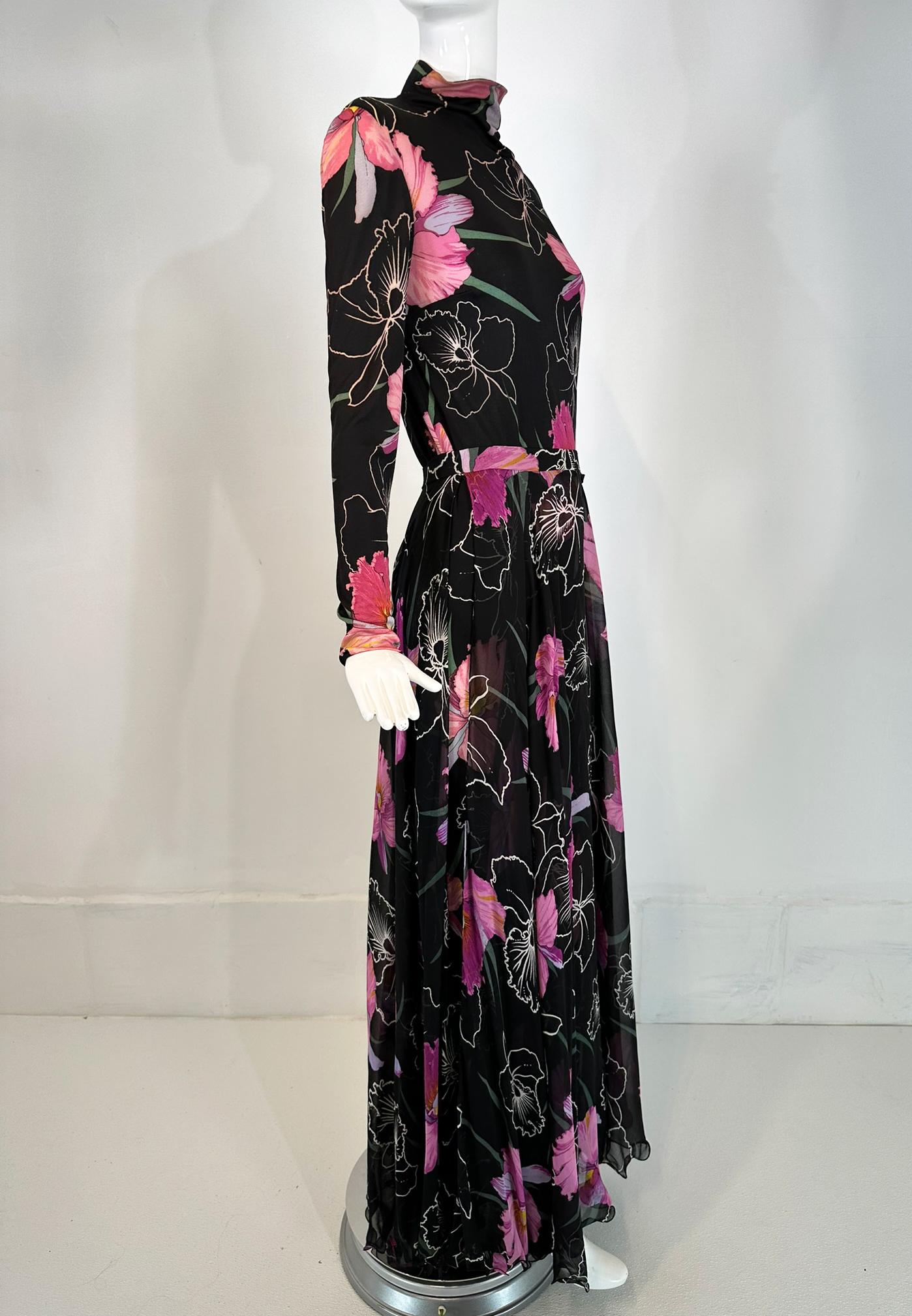 Black La Mendola 2pc Orchid Print Jersey Maxi Dress & Silk Chiffon Over Skirt 1960s