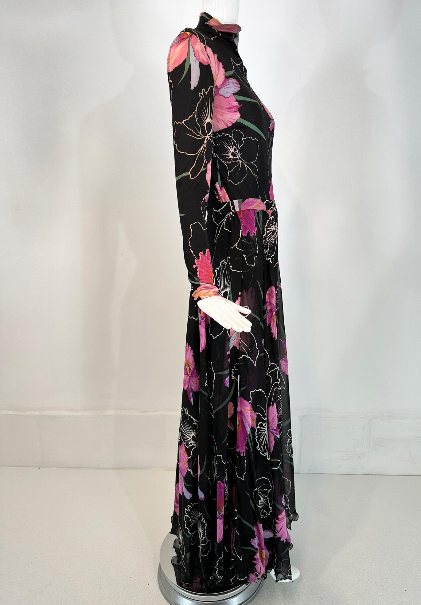 Women's La Mendola 2pc Orchid Print Jersey Maxi Dress & Silk Chiffon Over Skirt 1960s For Sale