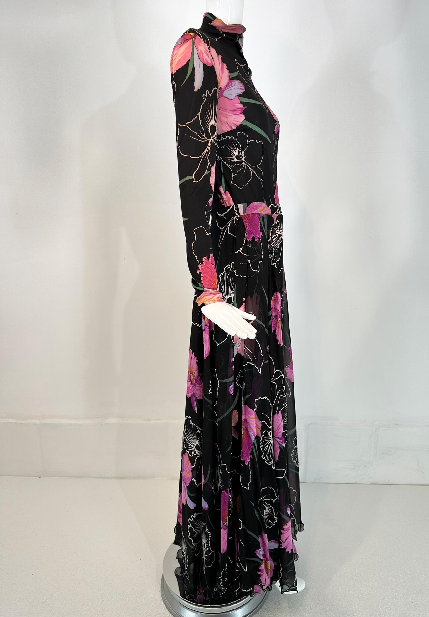 La Mendola 2pc Orchid Print Jersey Maxi Dress & Silk Chiffon Over Skirt 1960s In Good Condition In West Palm Beach, FL