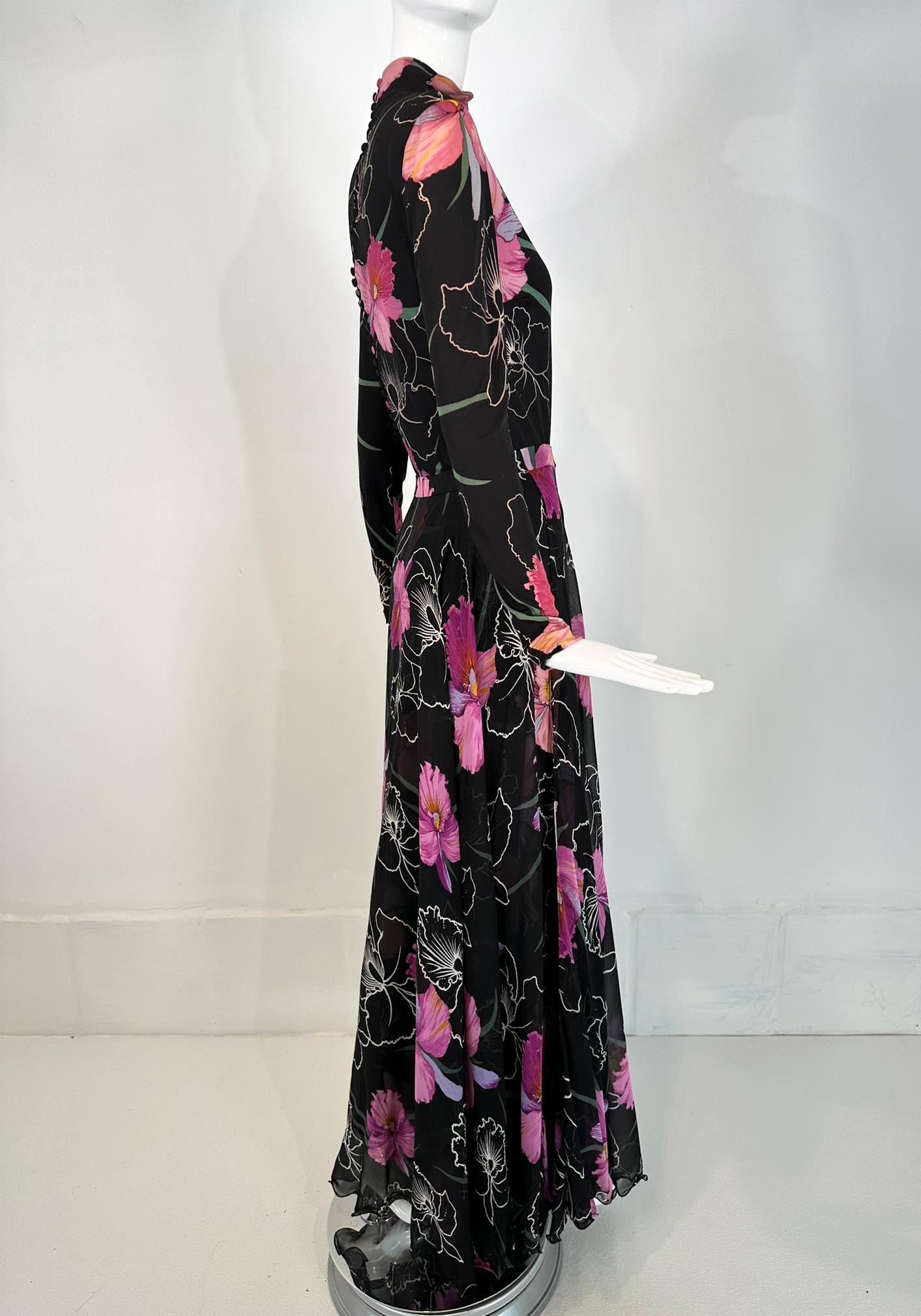 La Mendola 2pc Orchid Print Jersey Maxi Dress & Silk Chiffon Over Skirt 1960s For Sale 1