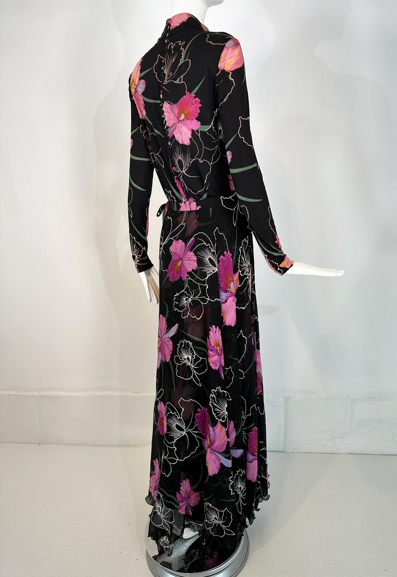 La Mendola 2pc Orchid Print Jersey Maxi Dress & Silk Chiffon Over Skirt 1960s 1