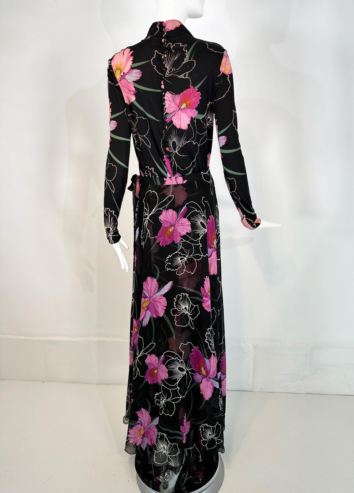 La Mendola 2pc Orchid Print Jersey Maxi Dress & Silk Chiffon Over Skirt 1960s For Sale 3
