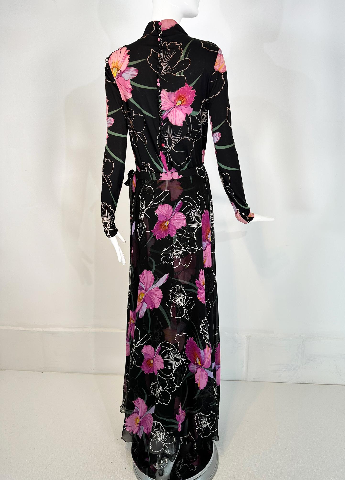 La Mendola 2pc Orchid Print Jersey Maxi Dress & Silk Chiffon Over Skirt 1960s 2