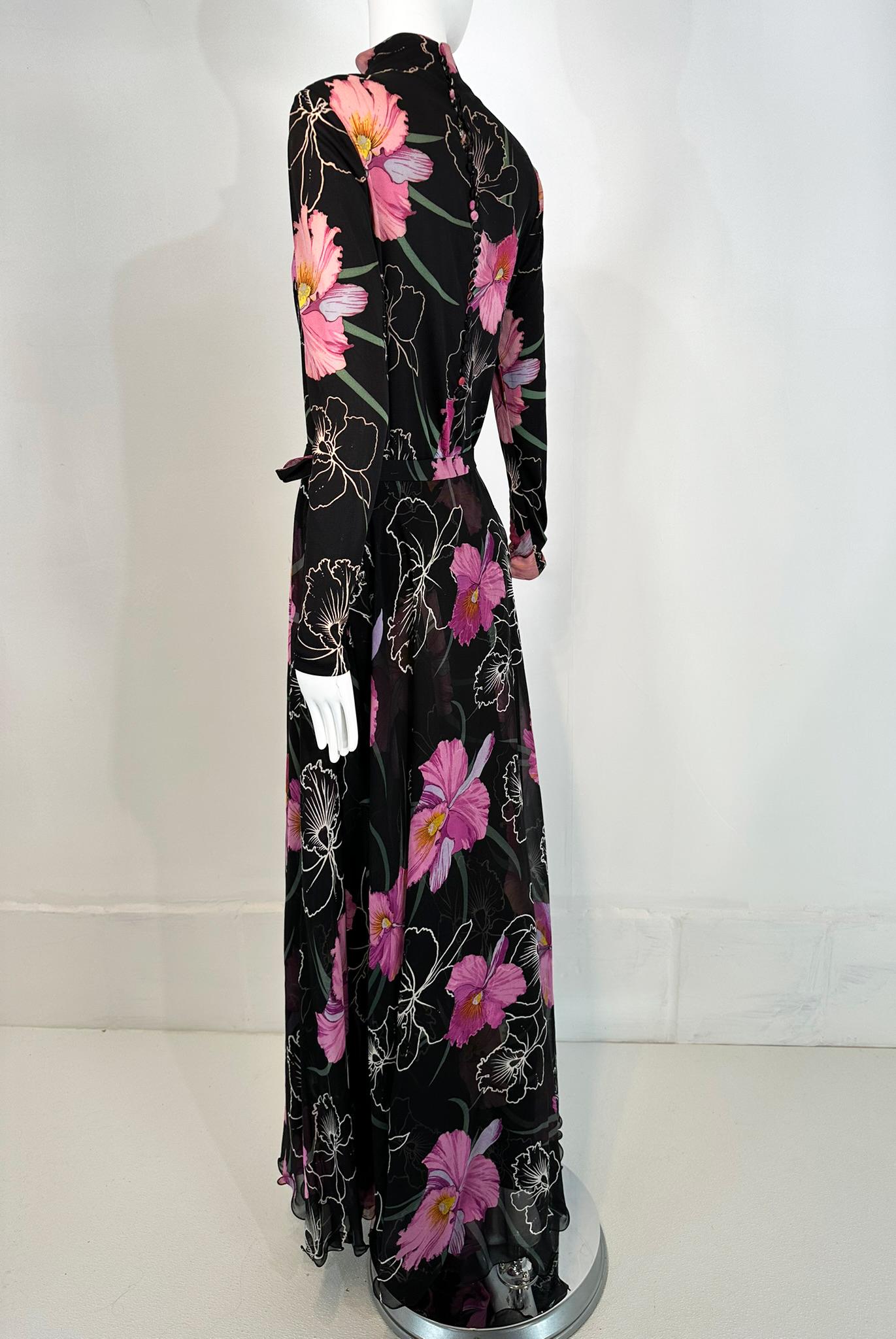 La Mendola 2pc Orchid Print Jersey Maxi Dress & Silk Chiffon Over Skirt 1960s For Sale 4