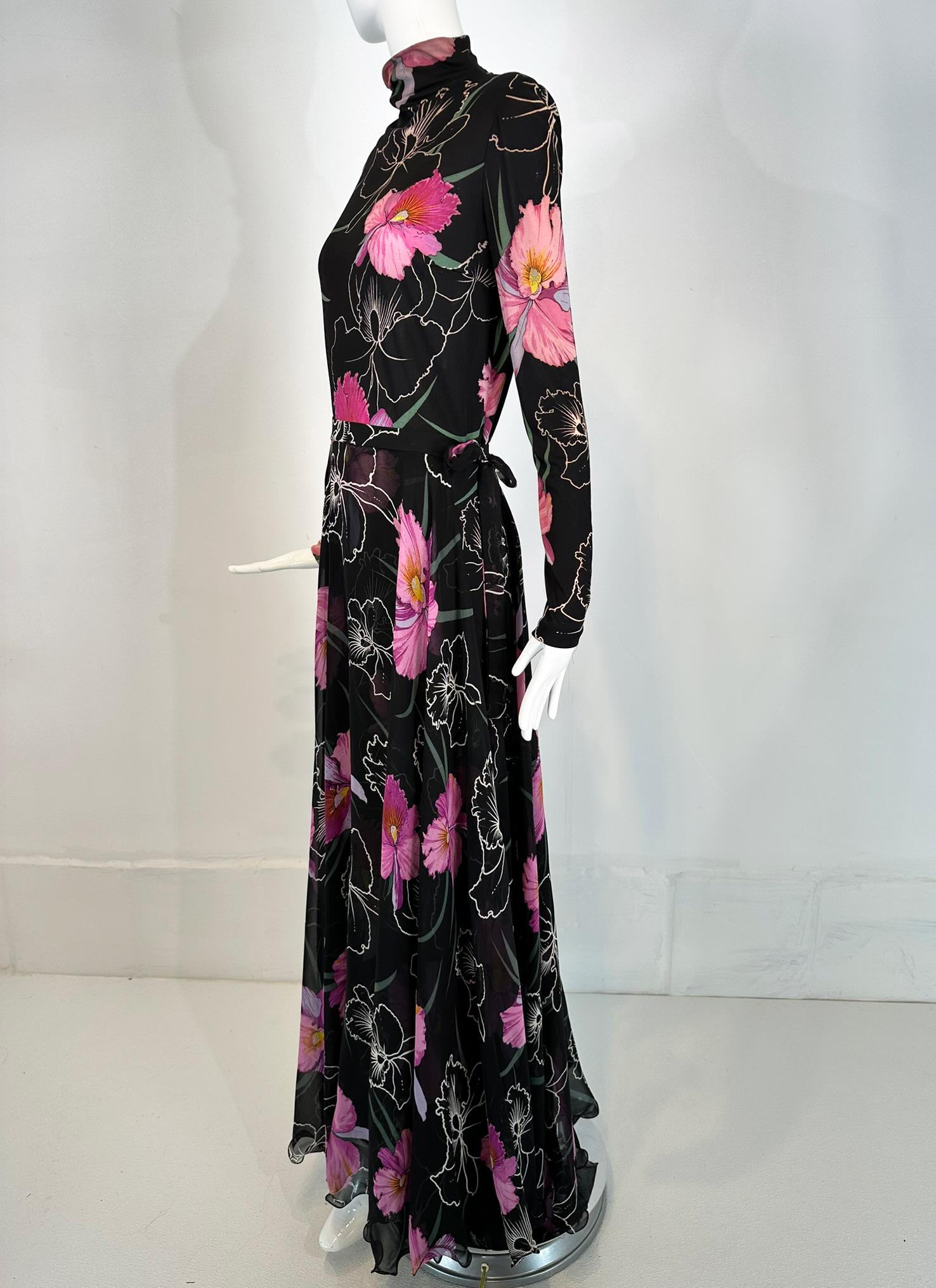 La Mendola 2pc Orchid Print Jersey Maxi Dress & Silk Chiffon Over Skirt 1960s For Sale 5