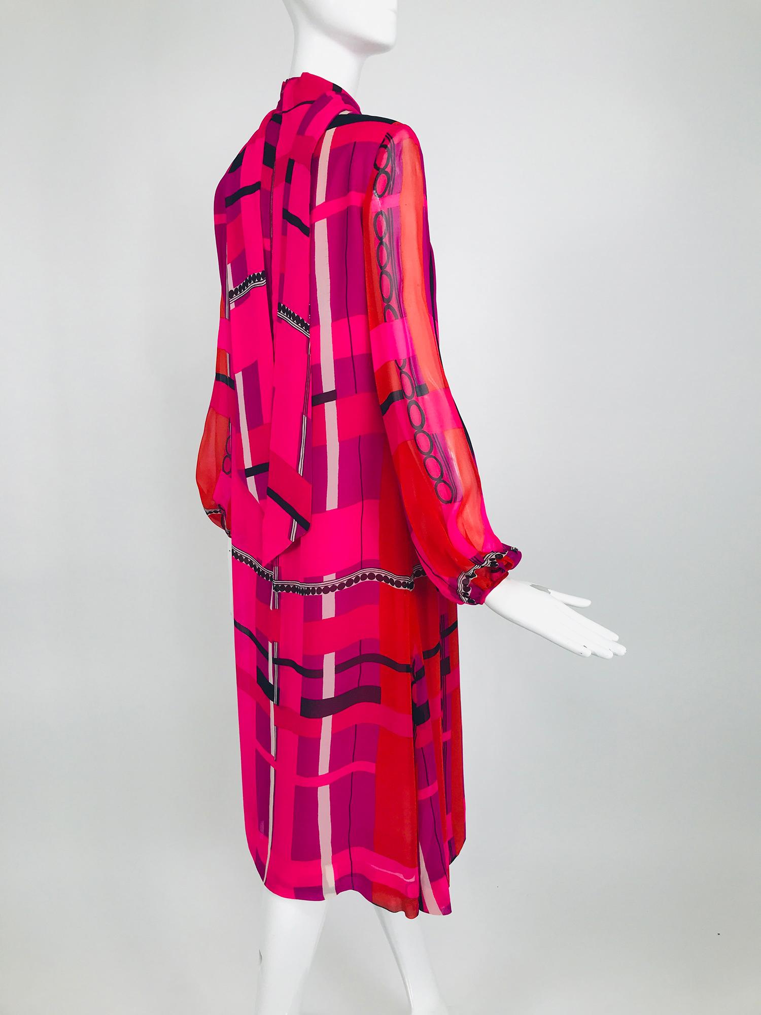 La Mendola Couture Hot Pink Silk Chiffon Modernist Print Dress 1970s 1