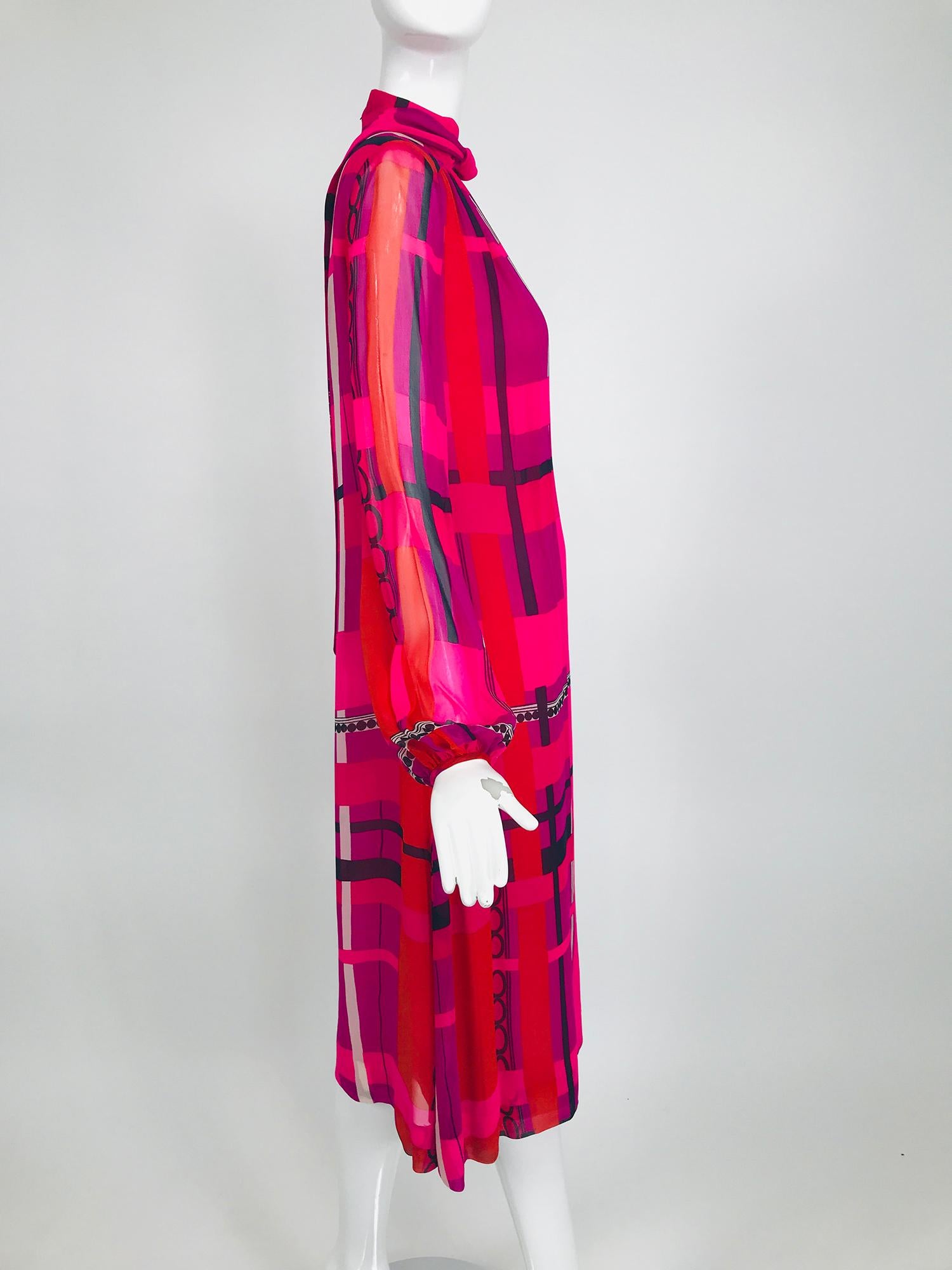 La Mendola Couture Hot Pink Silk Chiffon Modernist Print Dress 1970s 2