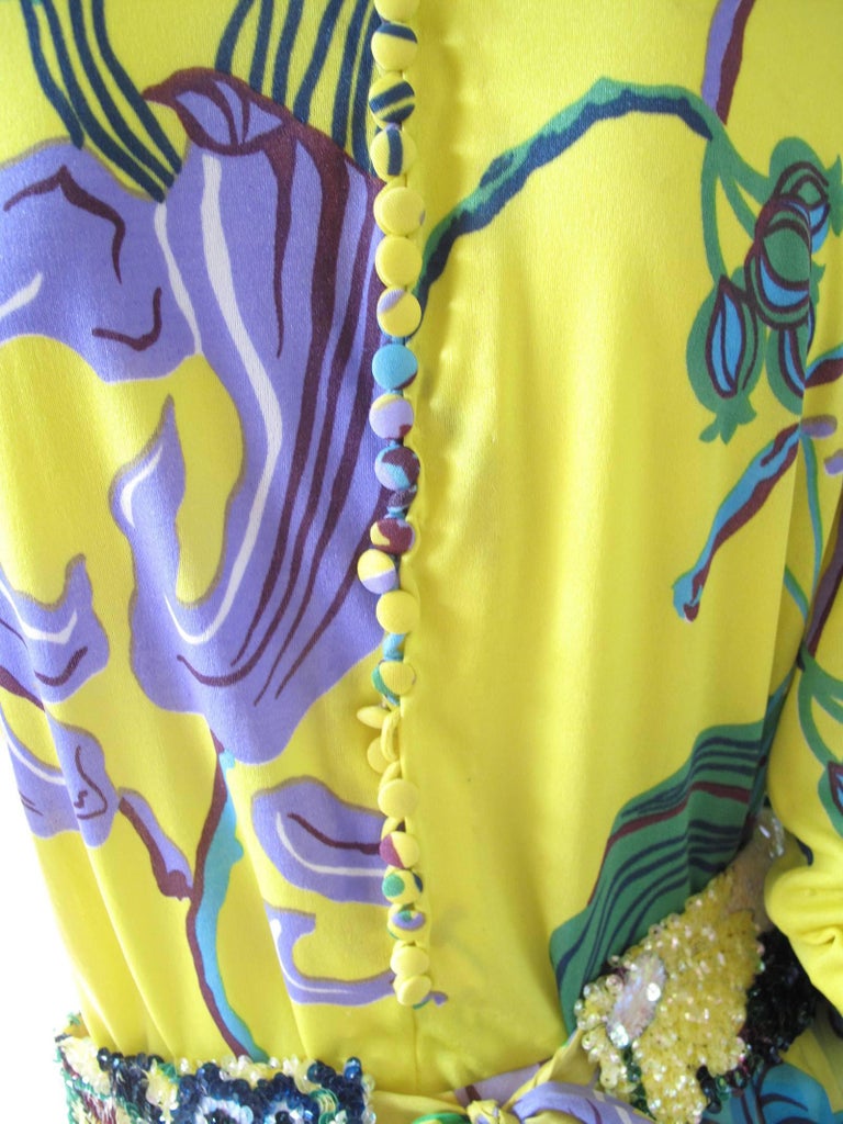 Yellow La Mendola Printed Gown with Over Skirt and Sequin Belt, 1970s For Sale