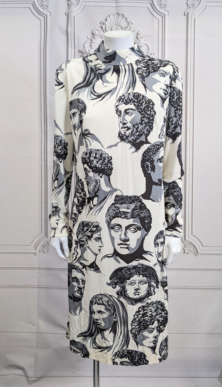 Unusual and striking La Mendola, Rome Print Dress with graphic Neoclassical busts rendered in black, grey and white. Simple back zip entry with long sleeves, mock neck and slightly flared shape. Vintage Size 10, Modern 4-6 in Banlon Nylon print.