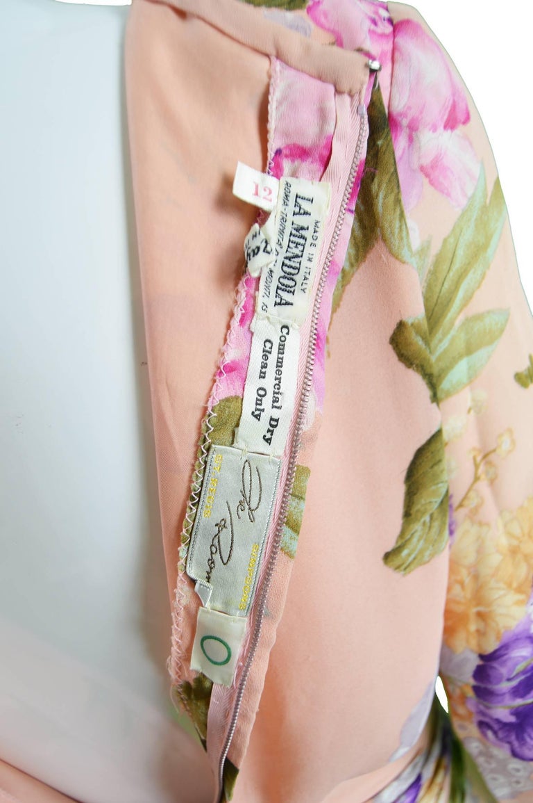 La Mendola Vintage Peach Chiffon Cowl Neck Floral Print Maxi Dress, 1970s For Sale at 1stDibs