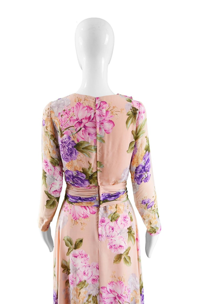 La Mendola Vintage Peach Chiffon Cowl Neck Floral Print Maxi Dress, 1970s For Sale at 1stDibs