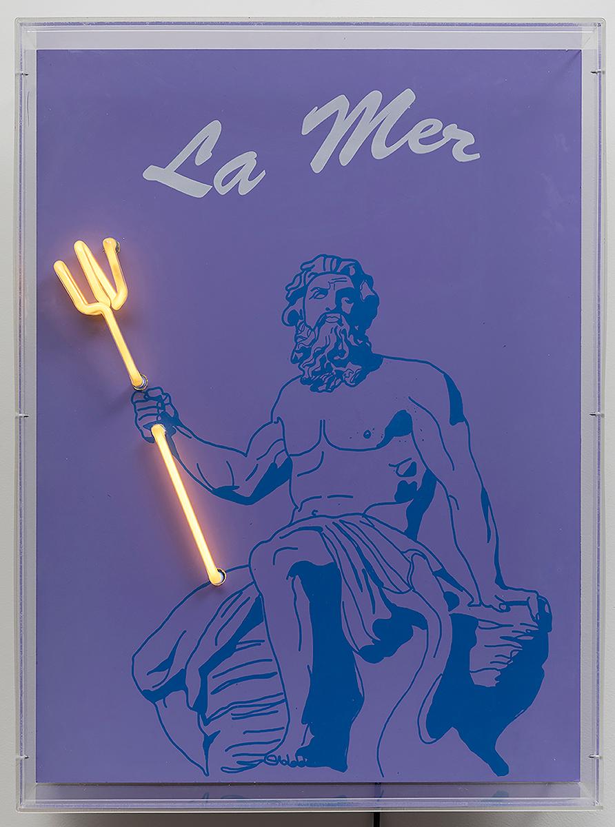 La Mer Poseidon, 2019  Paloma Castello 
From the series Neon Classics
Screen printing with neon lights
Dimensions: 24 H in x 18.1 W x 5.9 D in. 
Edition 7/10

In her work She likes to bring life to objects or icons from the past, intervening in them