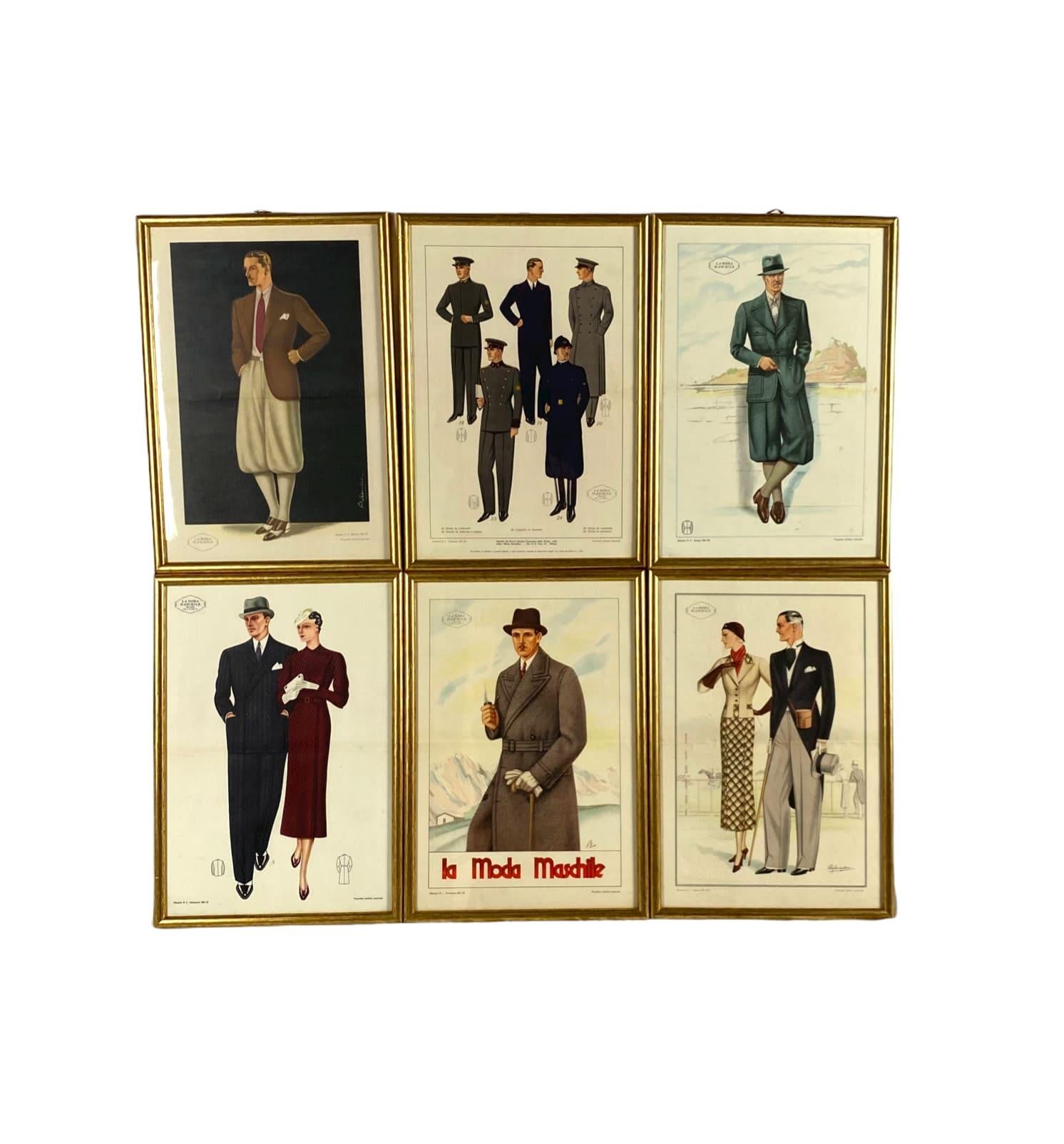 Set von 6 gerahmten Originalillustrationen „La Moda Maschile“, Italien 1930er Jahre im Angebot 3