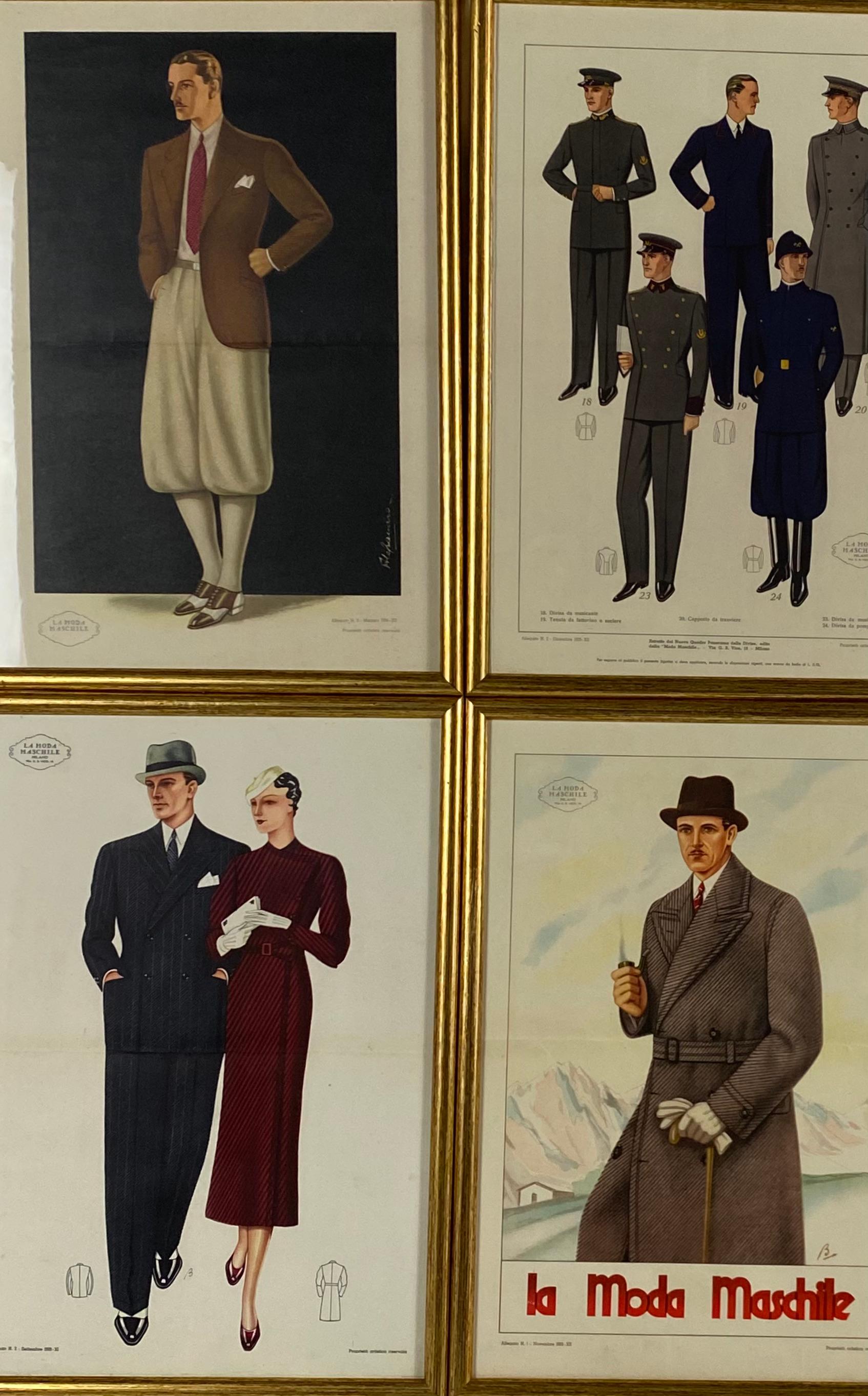 Set von 6 gerahmten Originalillustrationen „La Moda Maschile“, Italien 1930er Jahre im Zustand „Hervorragend“ im Angebot in Firenze, IT