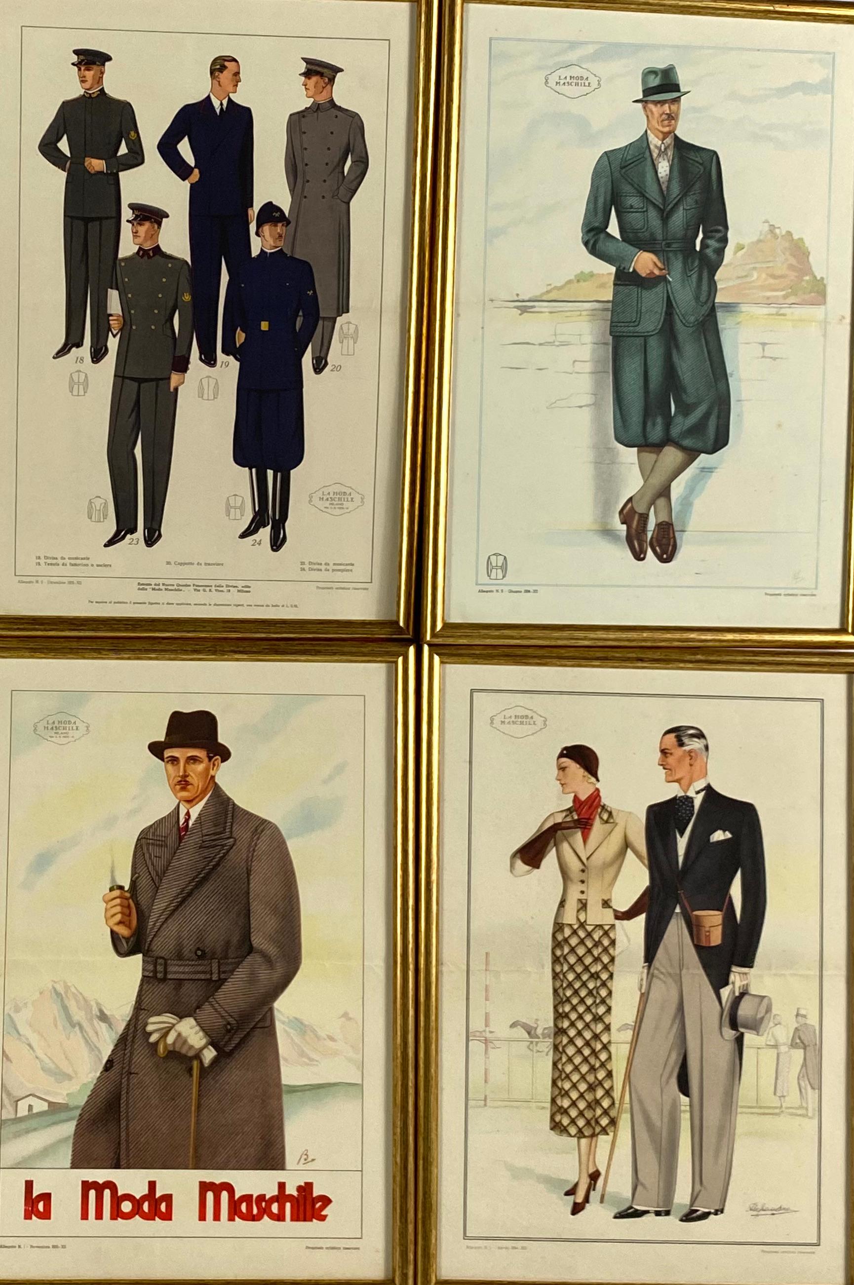 Set von 6 gerahmten Originalillustrationen „La Moda Maschile“, Italien 1930er Jahre (Mitte des 20. Jahrhunderts) im Angebot