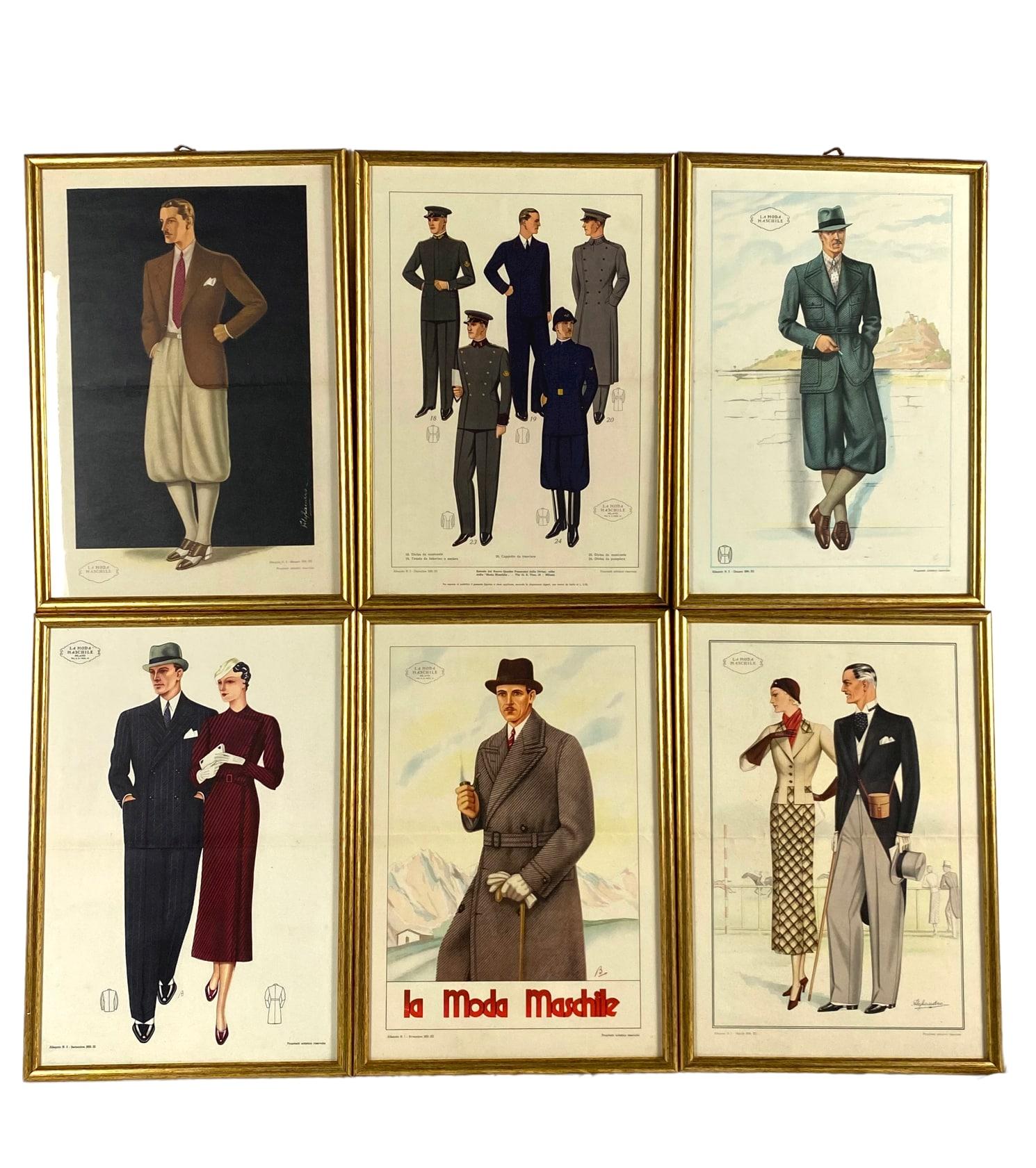 Set von 6 gerahmten Originalillustrationen „La Moda Maschile“, Italien 1930er Jahre (Holz) im Angebot