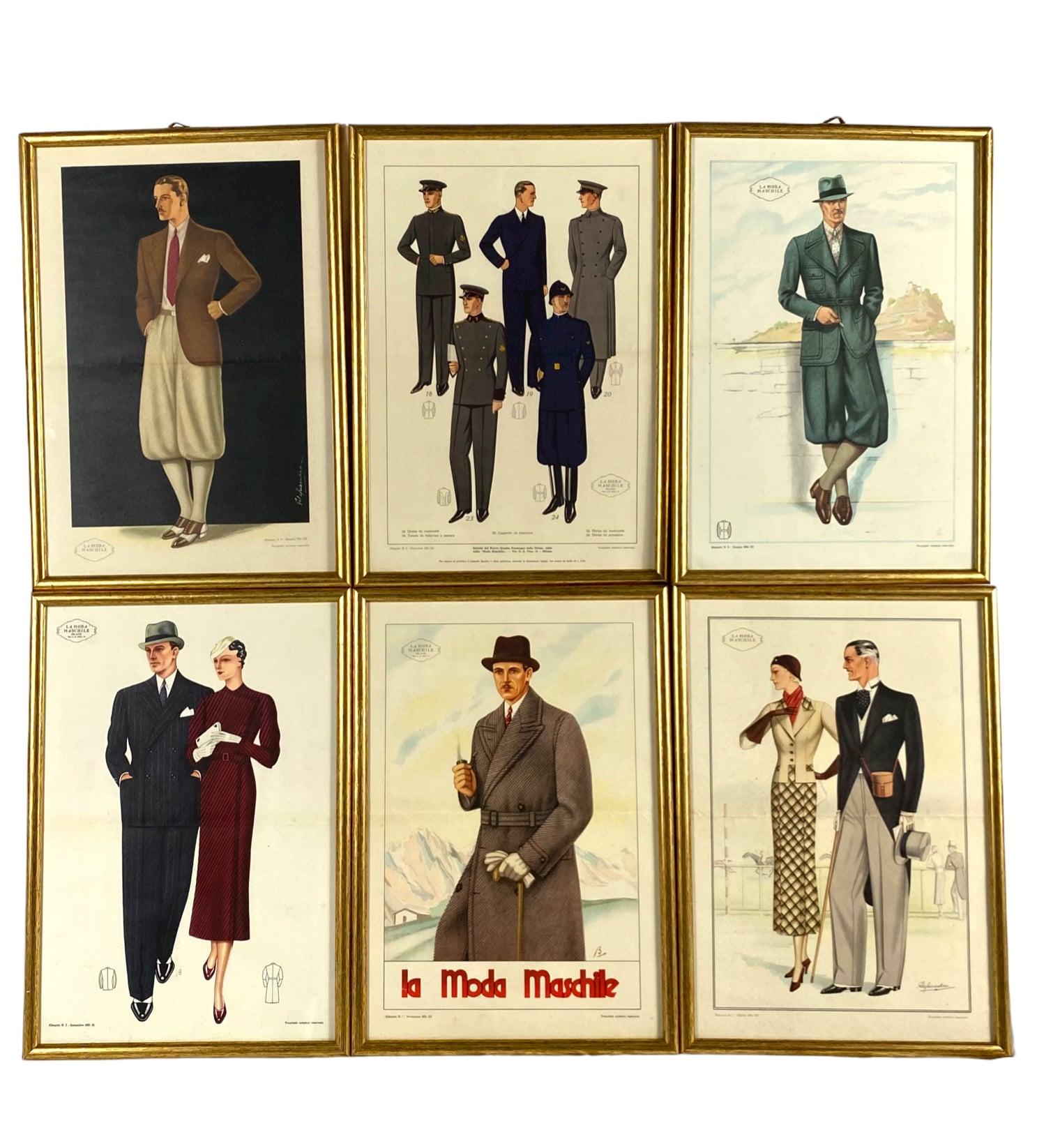 Set von 6 gerahmten Originalillustrationen „La Moda Maschile“, Italien 1930er Jahre im Angebot 1