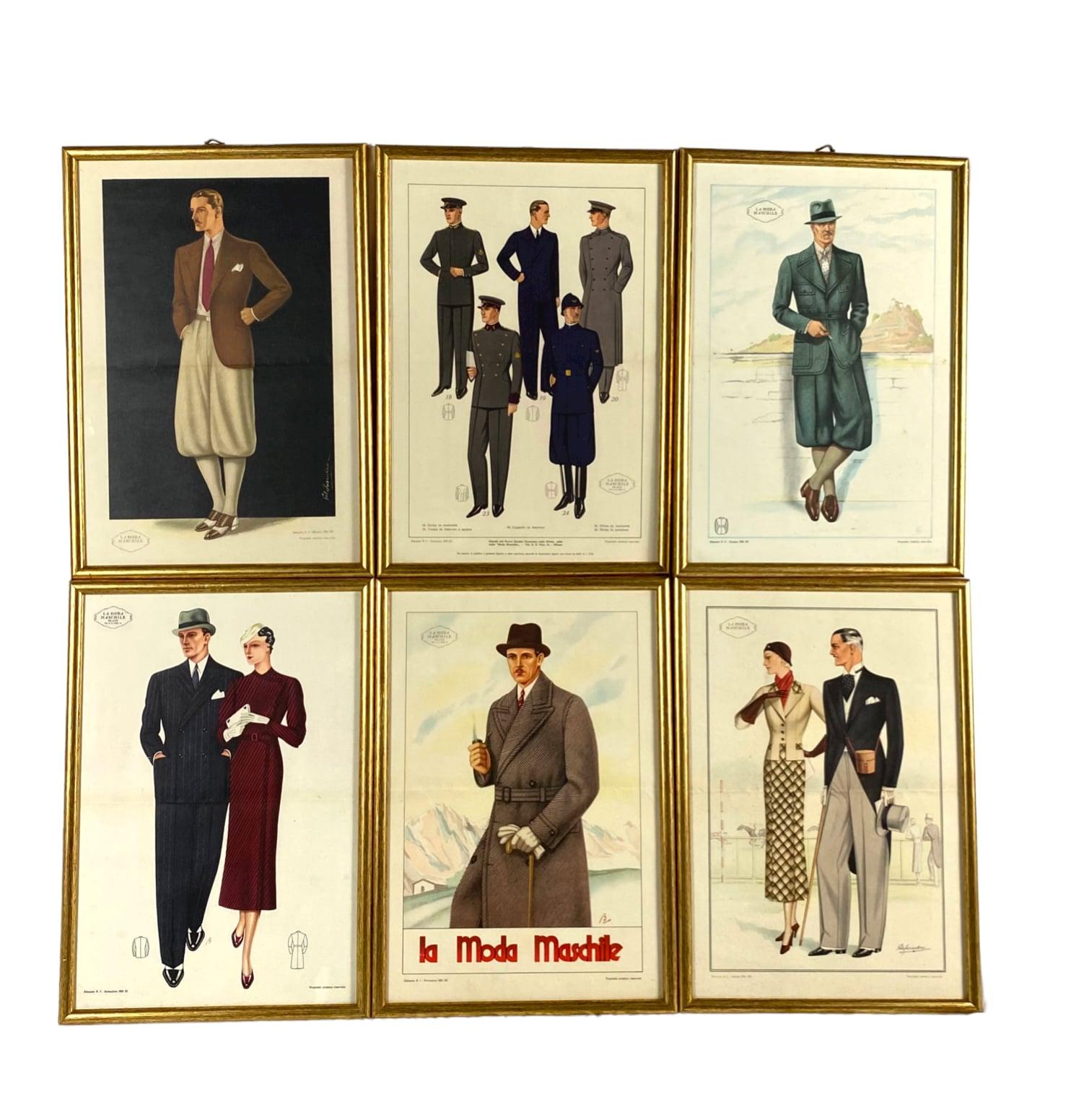 Set von 6 gerahmten Originalillustrationen „La Moda Maschile“, Italien 1930er Jahre im Angebot 2