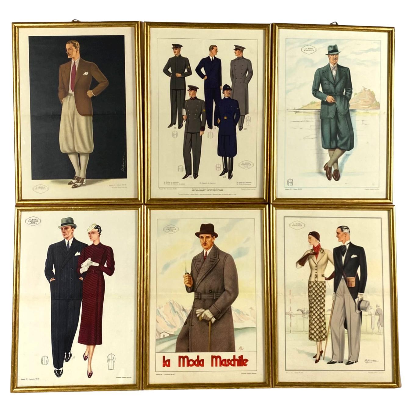 Set von 6 gerahmten Originalillustrationen „La Moda Maschile“, Italien 1930er Jahre im Angebot