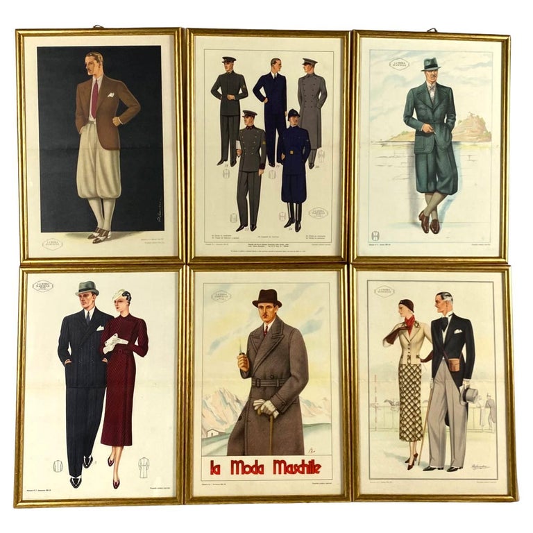 set-von-6-gerahmten-originalillustrationen-la-moda-maschile-italien
