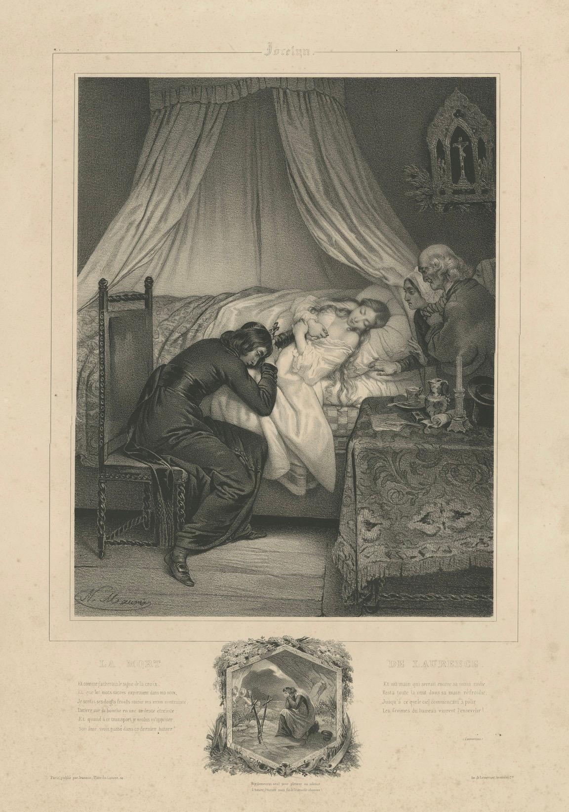 La Mort de Laurence - Litografía romántica de Jocelyn de Lamartine, hacia 1840 en venta 4
