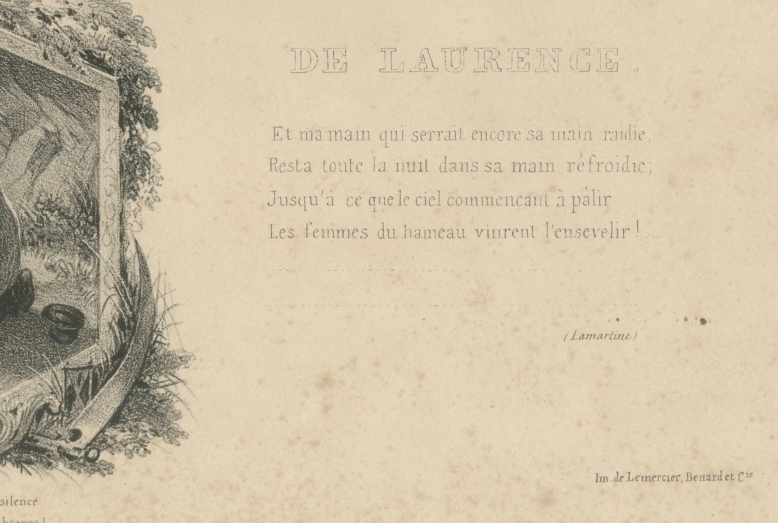 La Mort de Laurence - Litografía romántica de Jocelyn de Lamartine, hacia 1840 Francés en venta