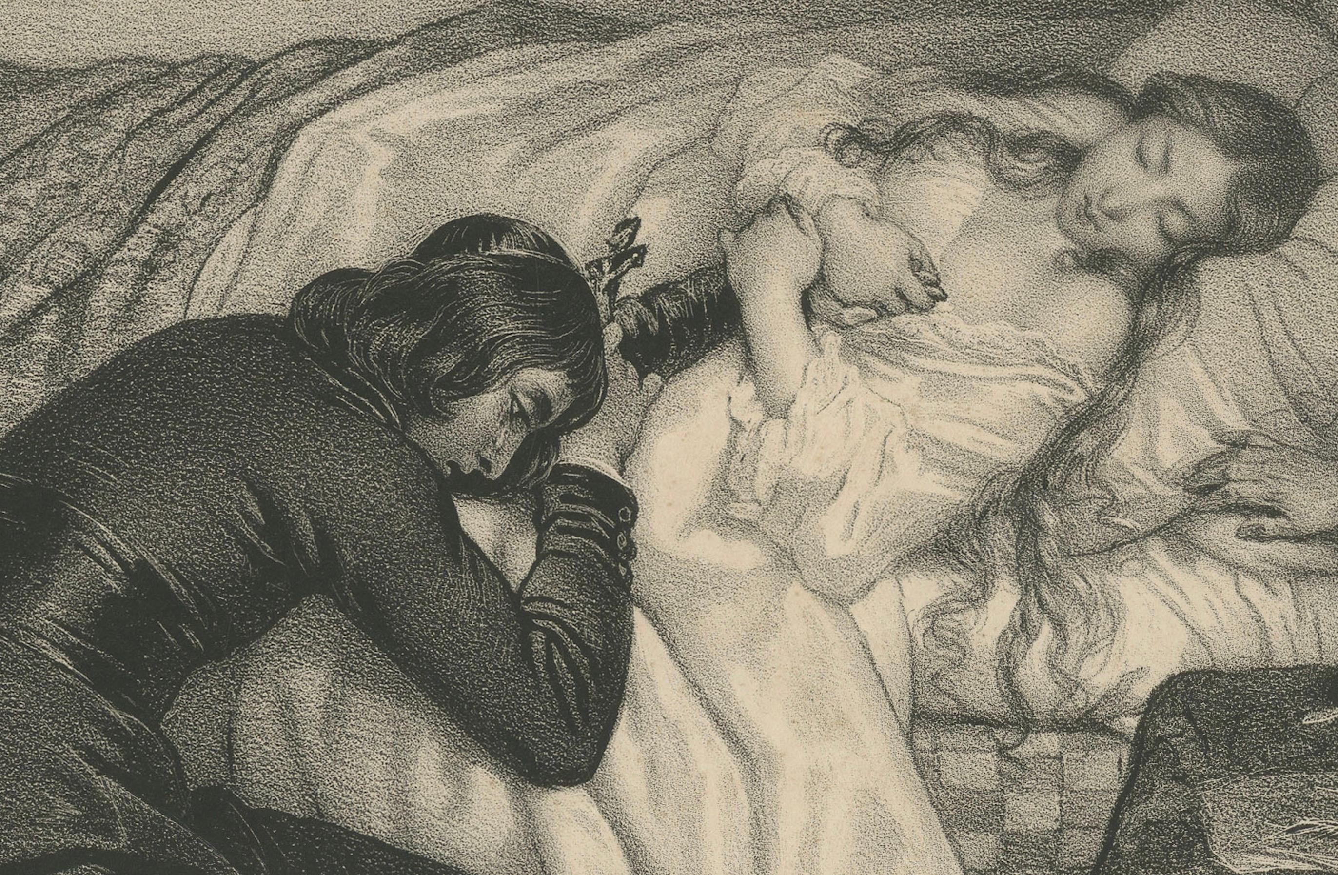 La Mort de Laurence - Litografía romántica de Jocelyn de Lamartine, hacia 1840 en venta 2